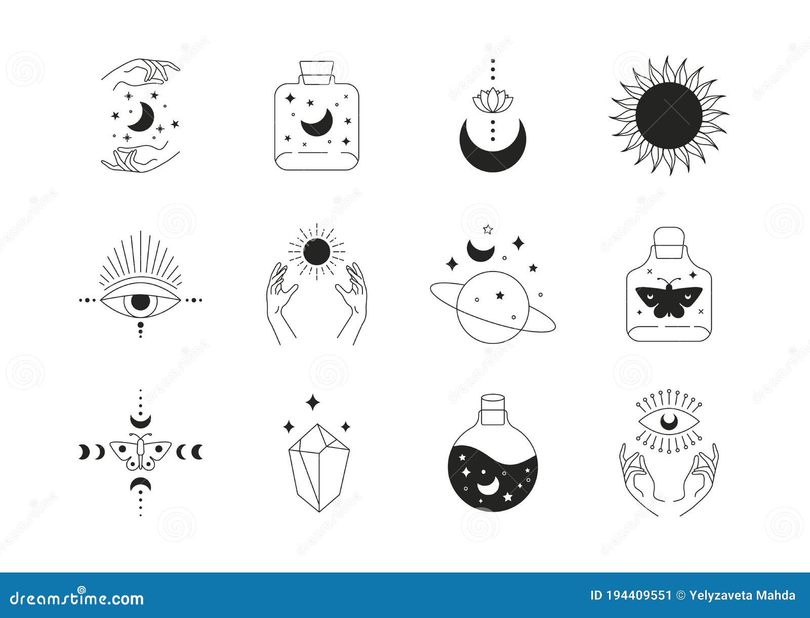 Boho Doodle Magic Set Mystic Simple Hand Drawn Logo Icons With Snake Crystal Eye Sun Lotus Moon Abstract Vector Illustration Stock Vector Illustration Of Line Linear