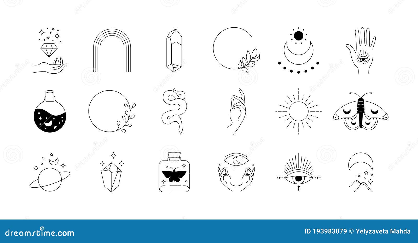 boho doodle mystic set. magic simple hand drawn logo icons with snake crystal eye sun moon. abstract  