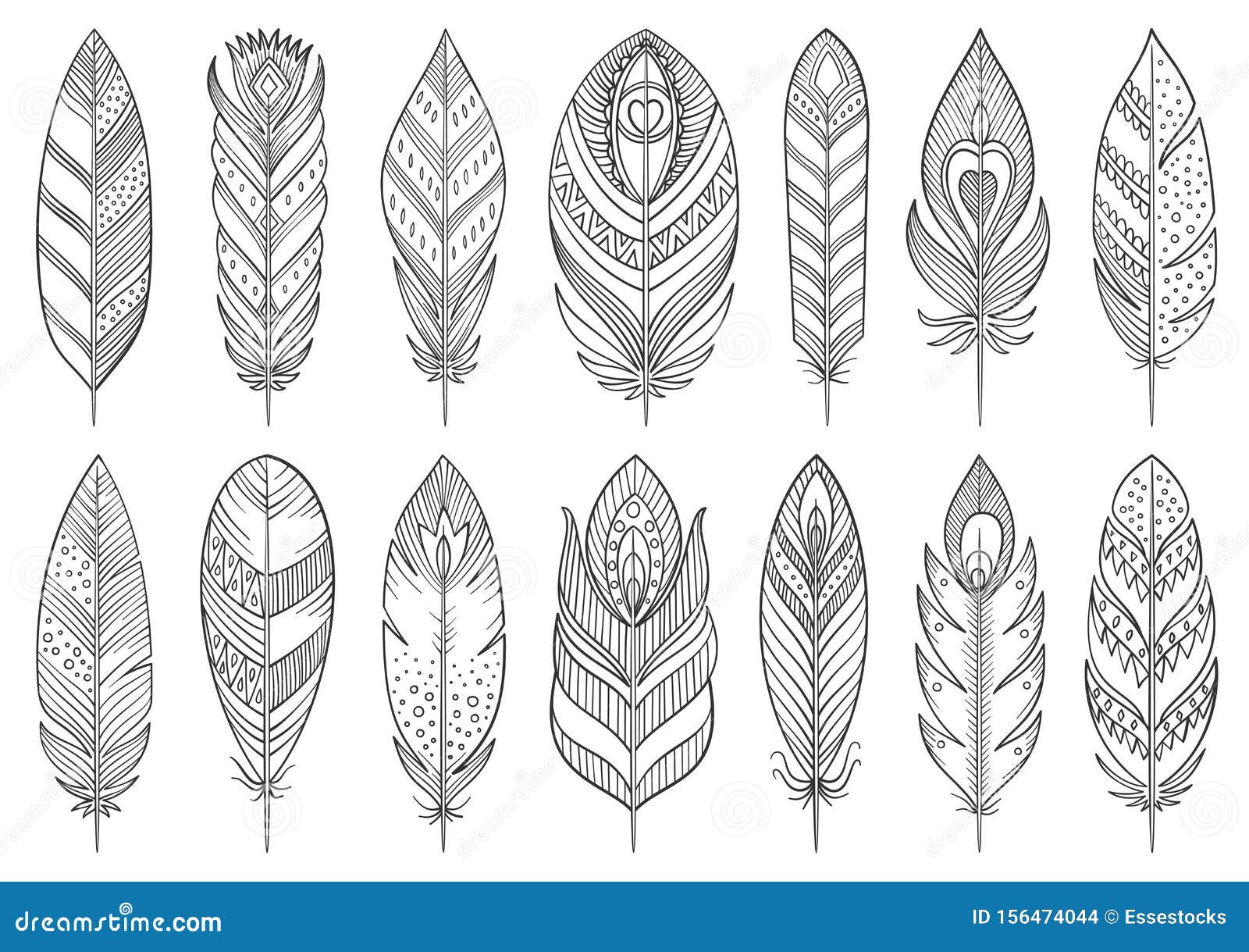 Boho Feather Ethnic Tribal Line Element Vector Set Stock Vector ...