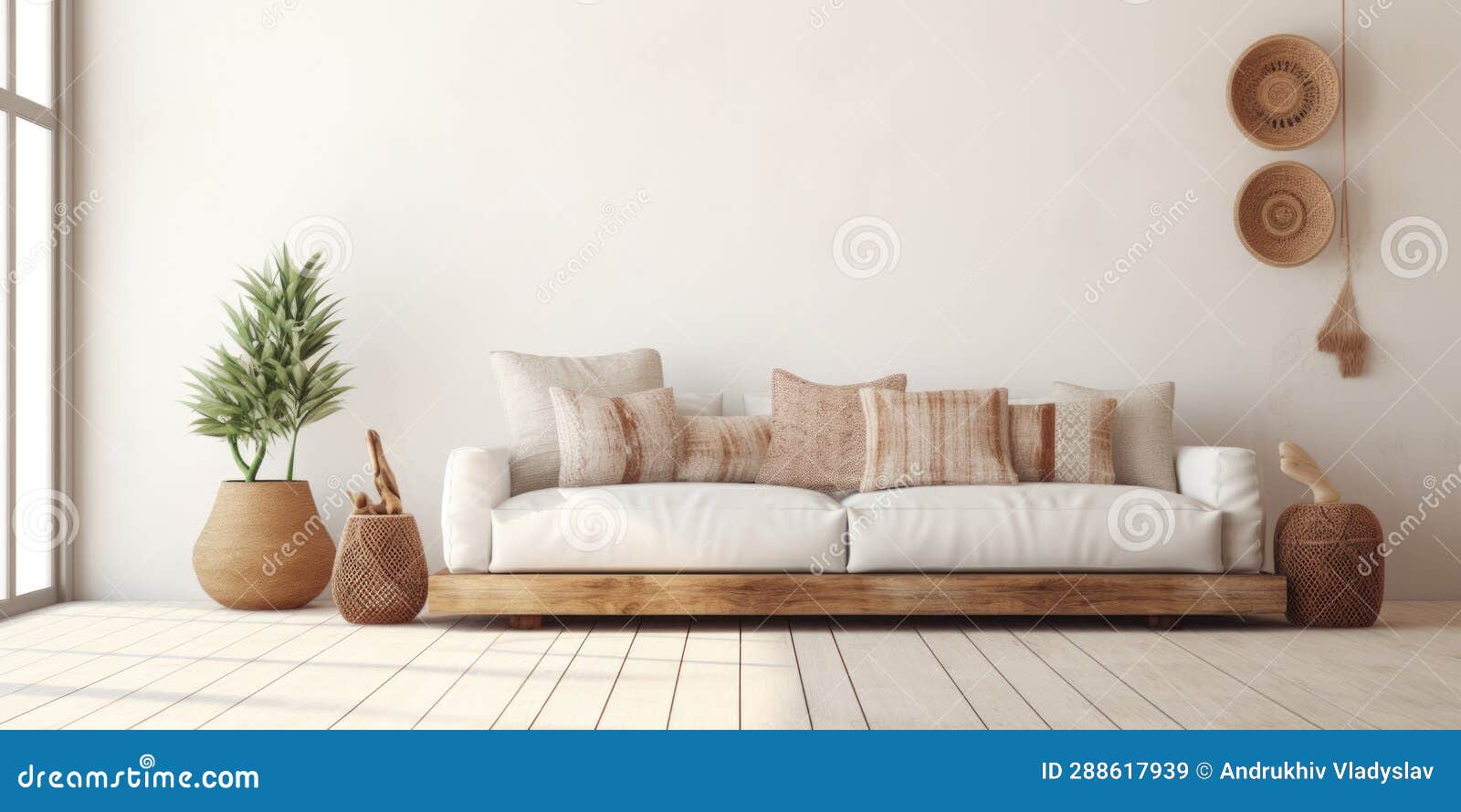 Boho Interior Design of Modern Living Room with Empty White Wall