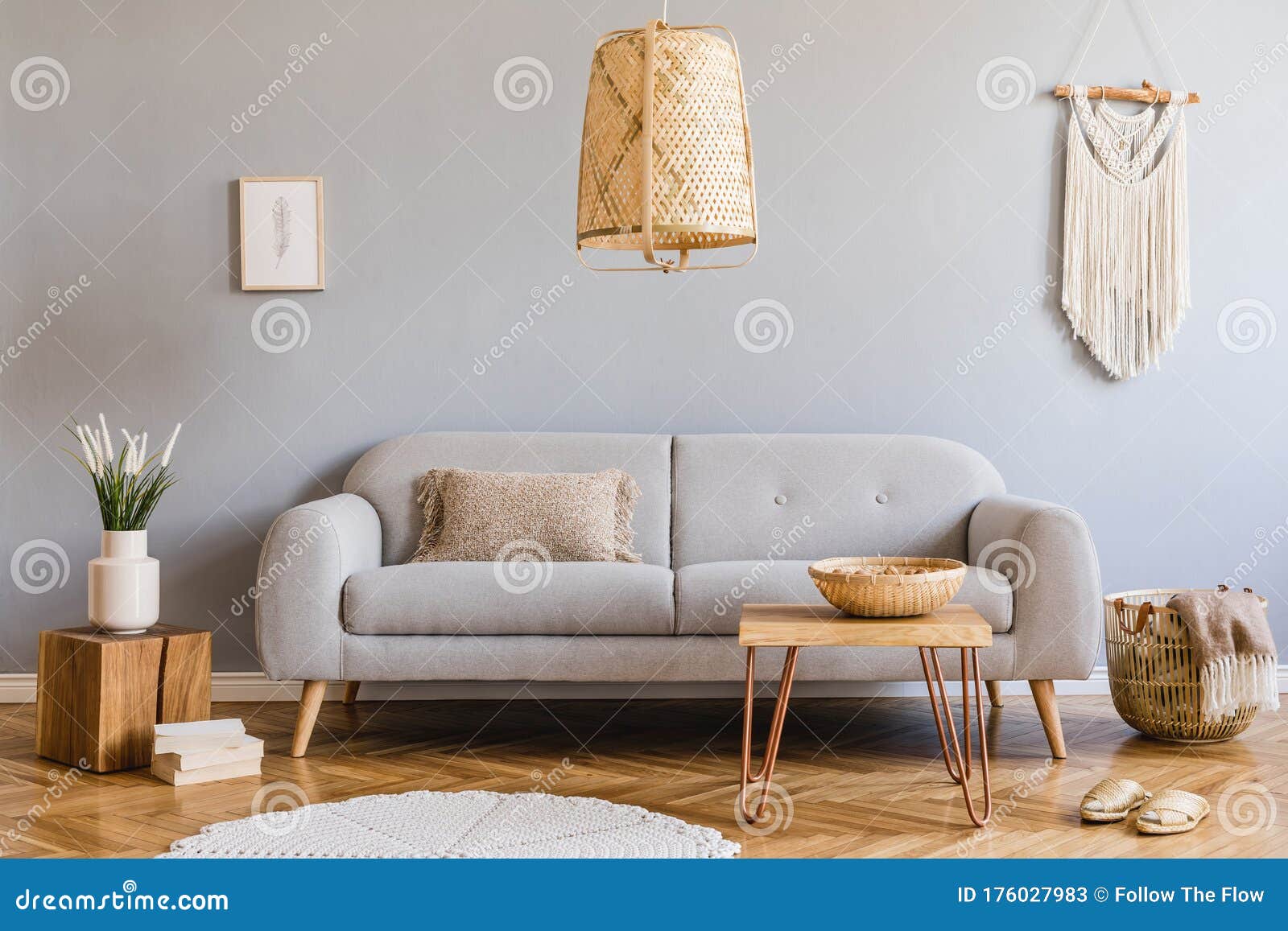 Boho Living Room With Grey Sofa And Natural Accessories Cosy Home Decor Stock Image Image Of Desk