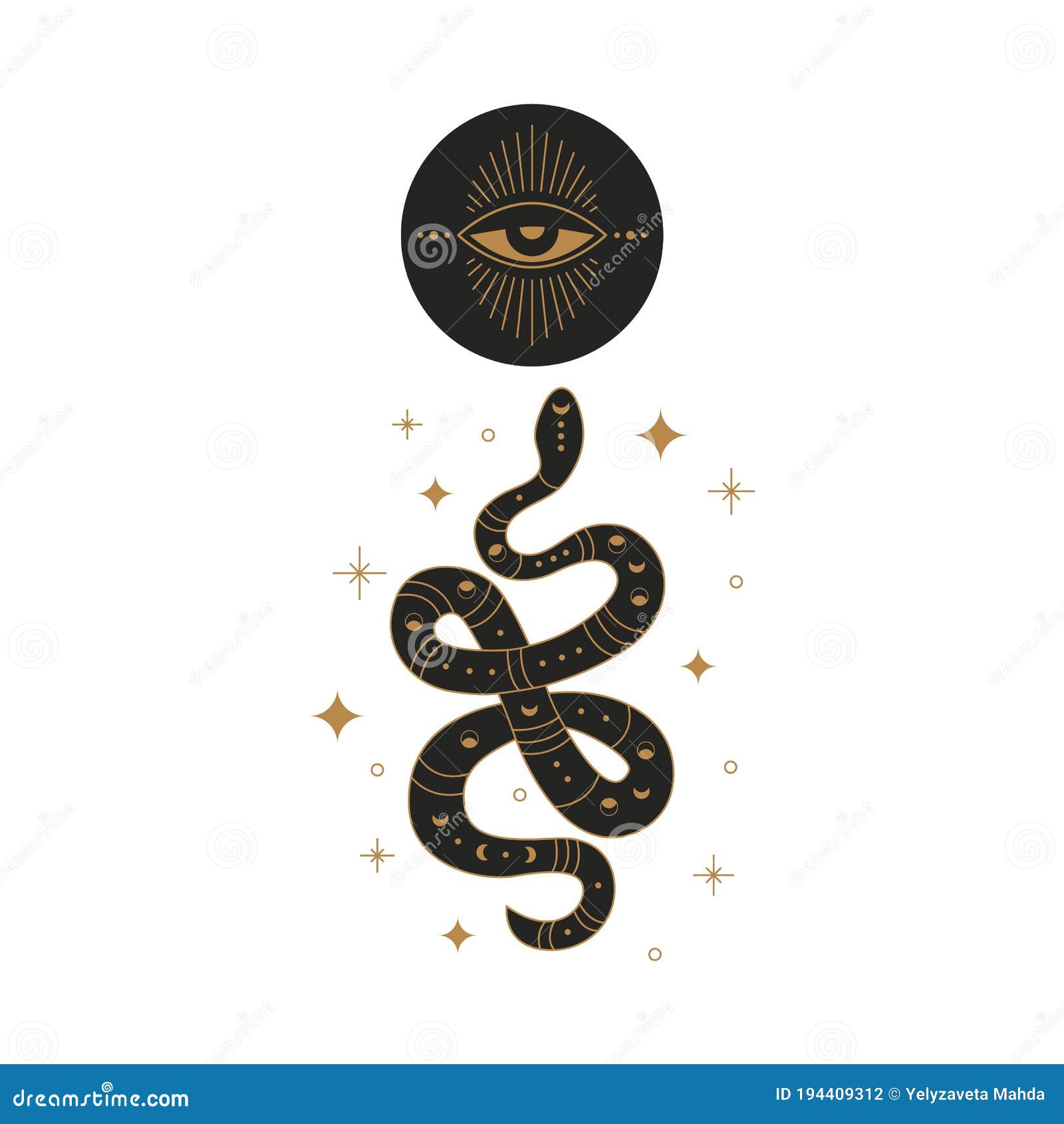 boho mystic snake . abstract hand drawn esoteric serpent icon with moon eye, occult tattoo egypt style.  