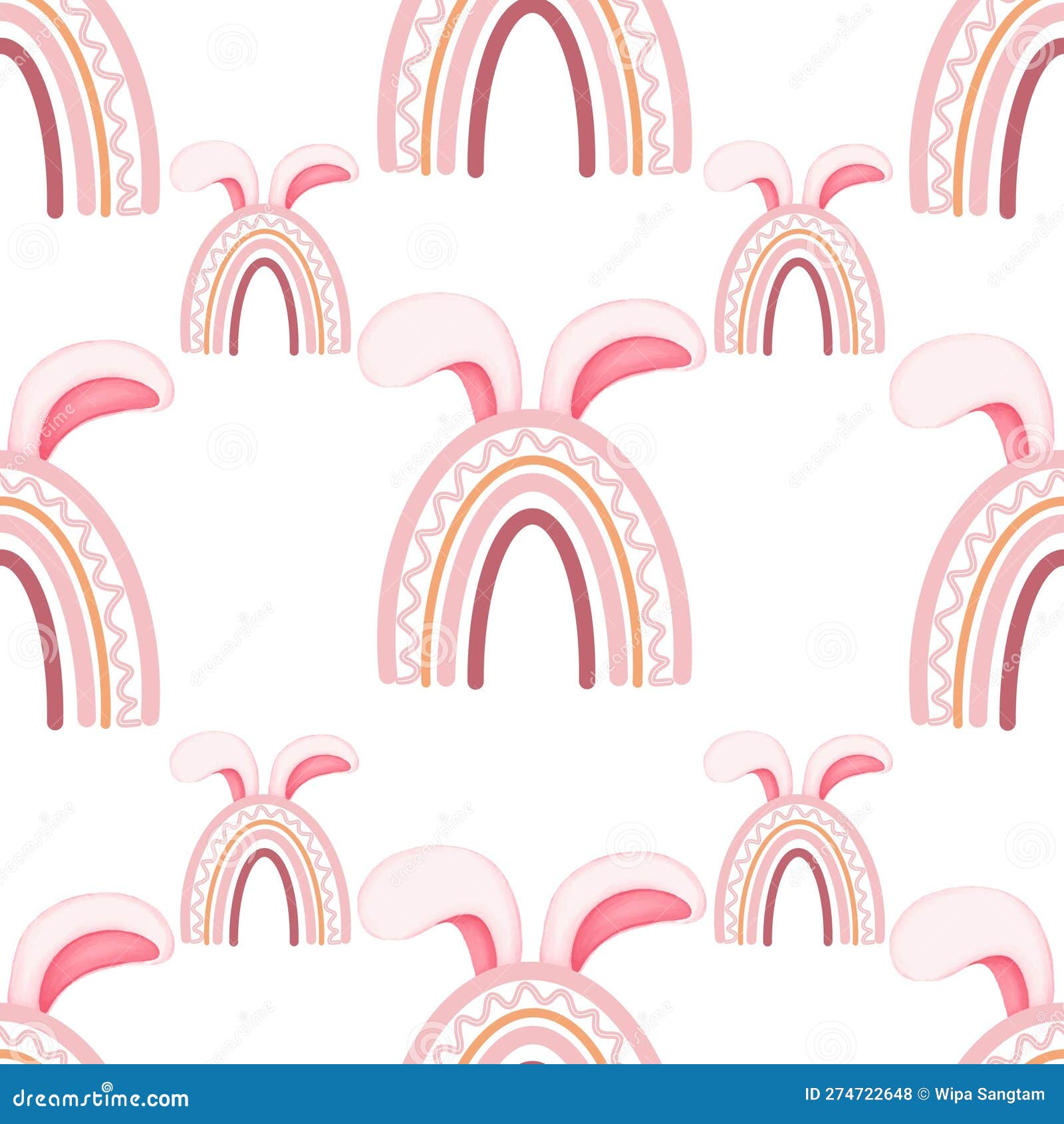 boho rainbow seamless pattern with bunny ears  on white background.