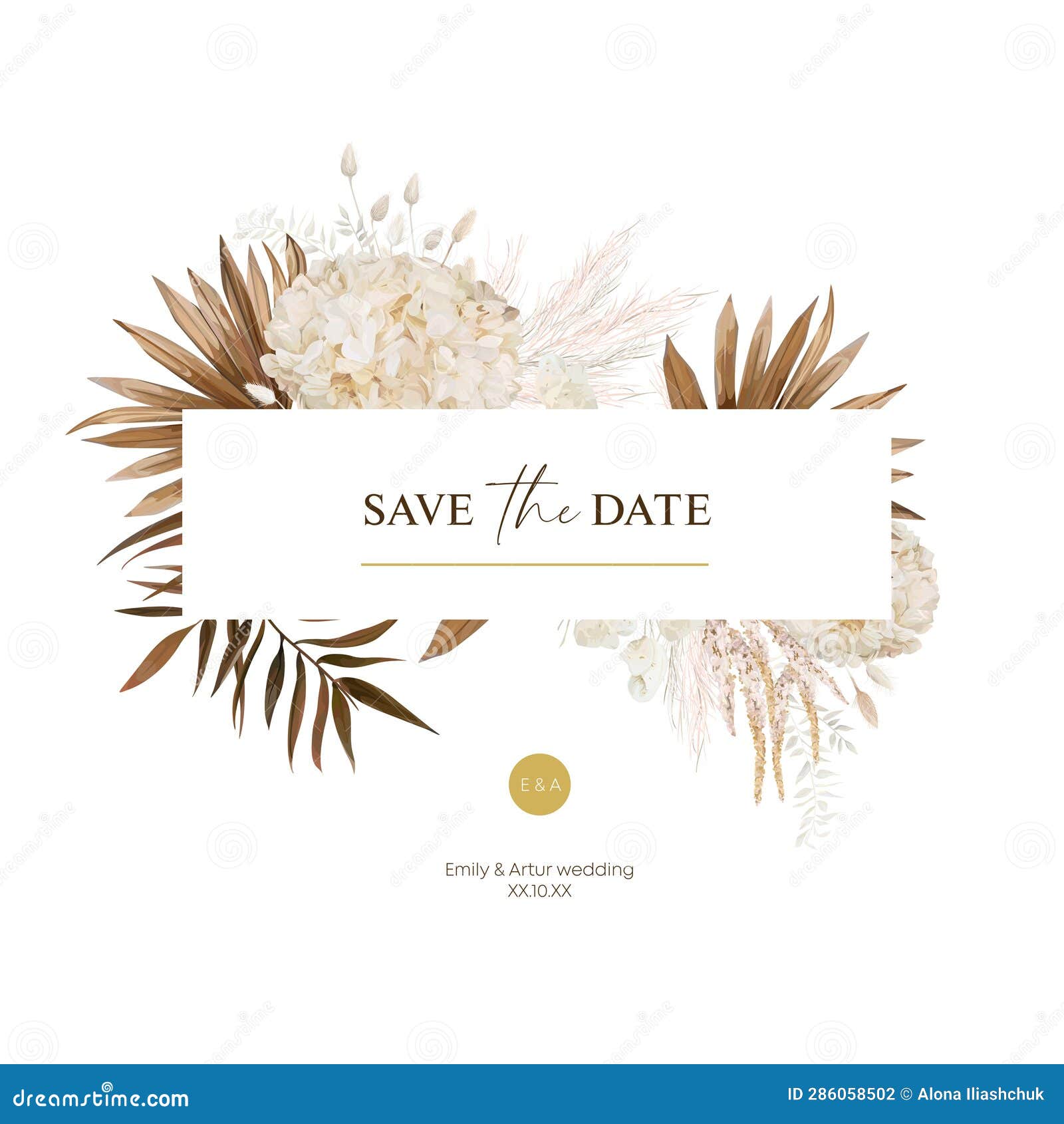 boho save the date, wedding invite. dried palm leaves, pampas grass, beige hydrangea, lagurus, lunaria tropical bouquet frame.