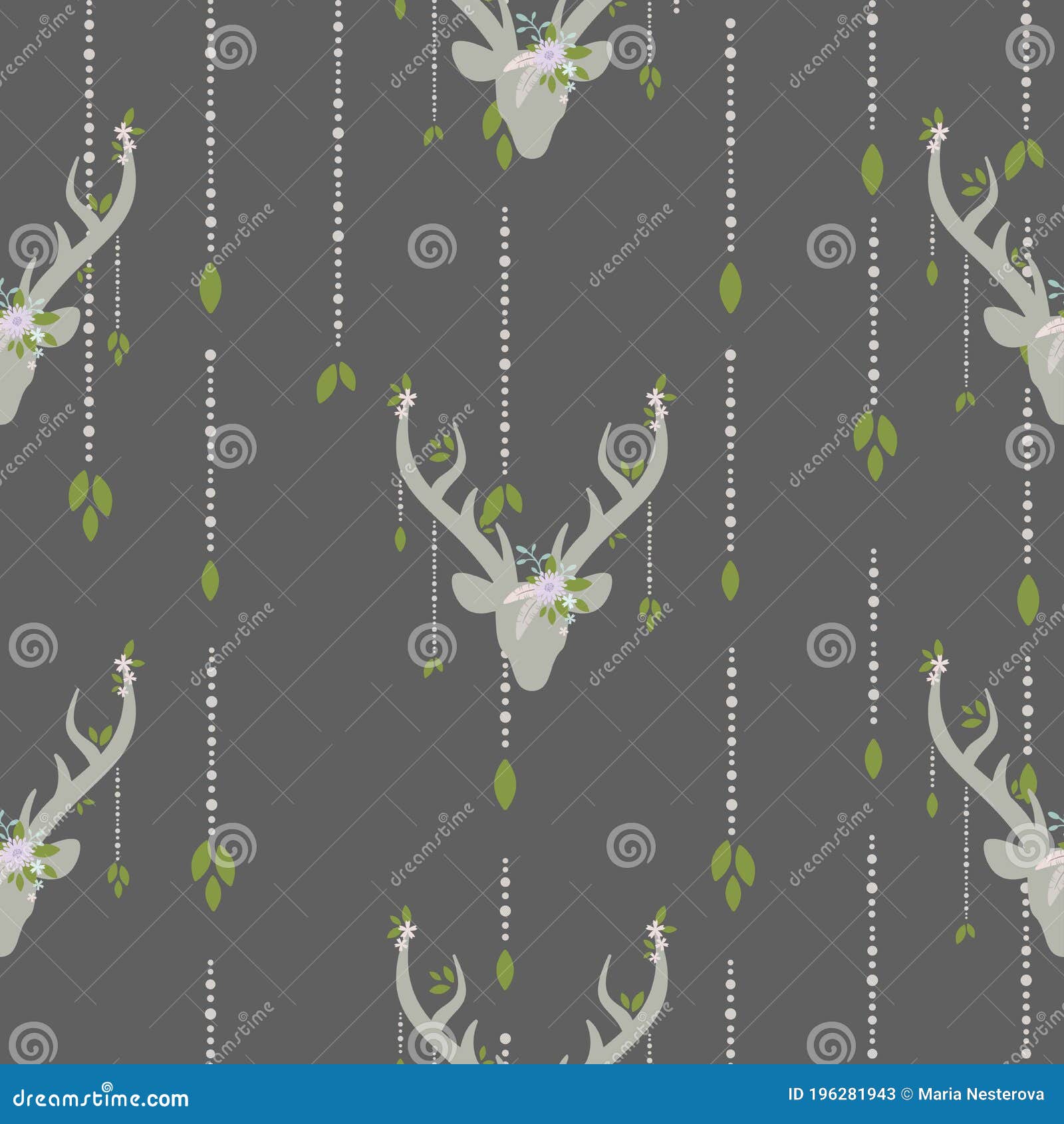boho seamless pattern with deer head with antlers, feathers and flowers, green leaves and wild berry sprig