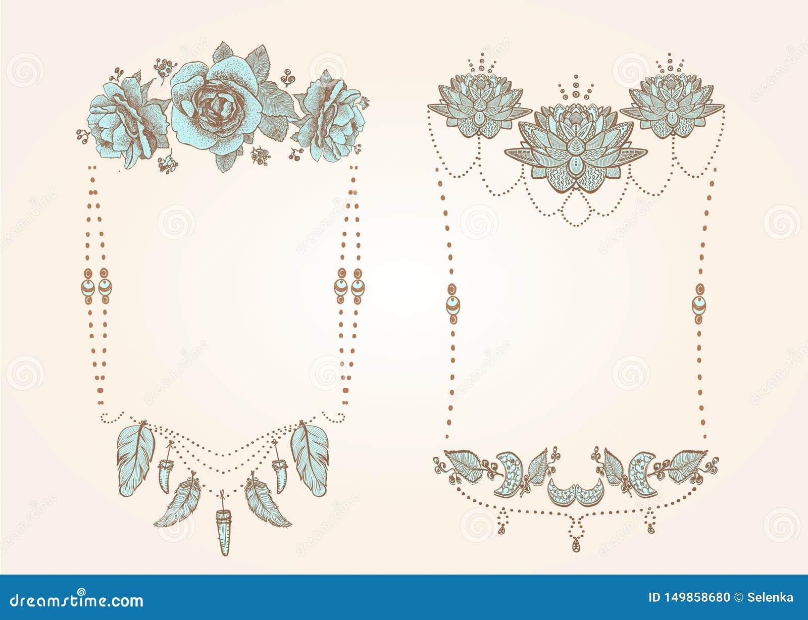 boho style, hippie, indie style frames set with flowers, feathers and beads