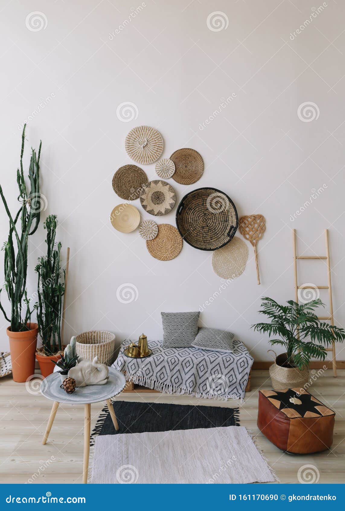 Boho Style, Minimal Home Interior Design. Decorative Straw Plates on