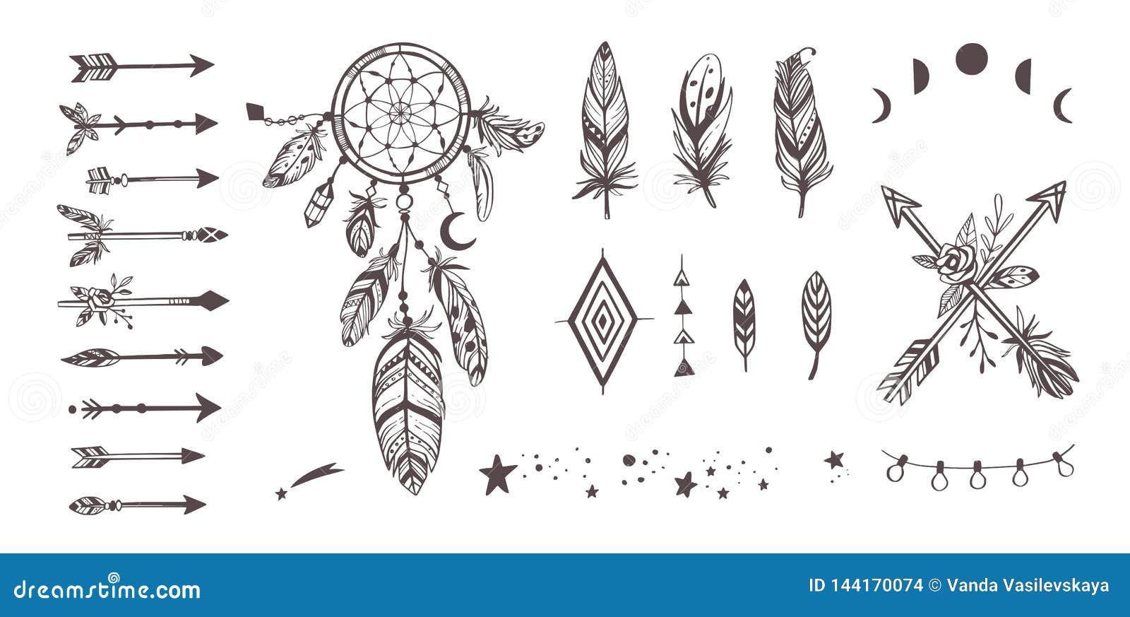 Boho Style Vector Collection for Tattoo, Icon, Flyers,cards with  Dreamcatcher ,feathers,moon,wild,arrow Stock Vector - Illustration of  lettering, pattern: 144170074