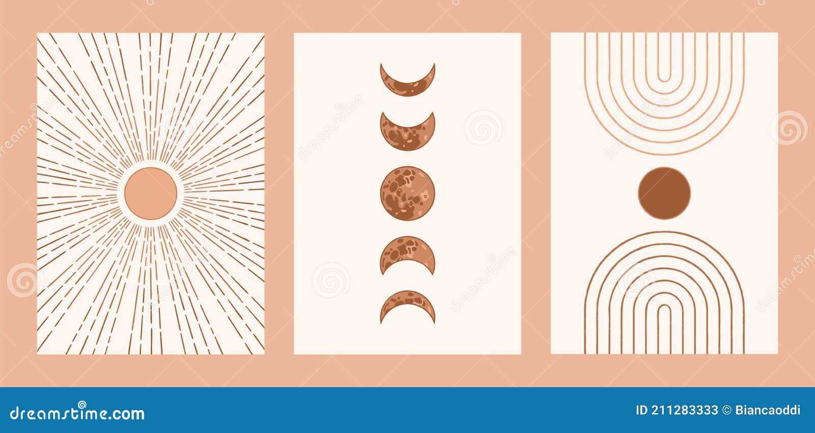 boho sun, moon, arch set, minimalist mid century modern art