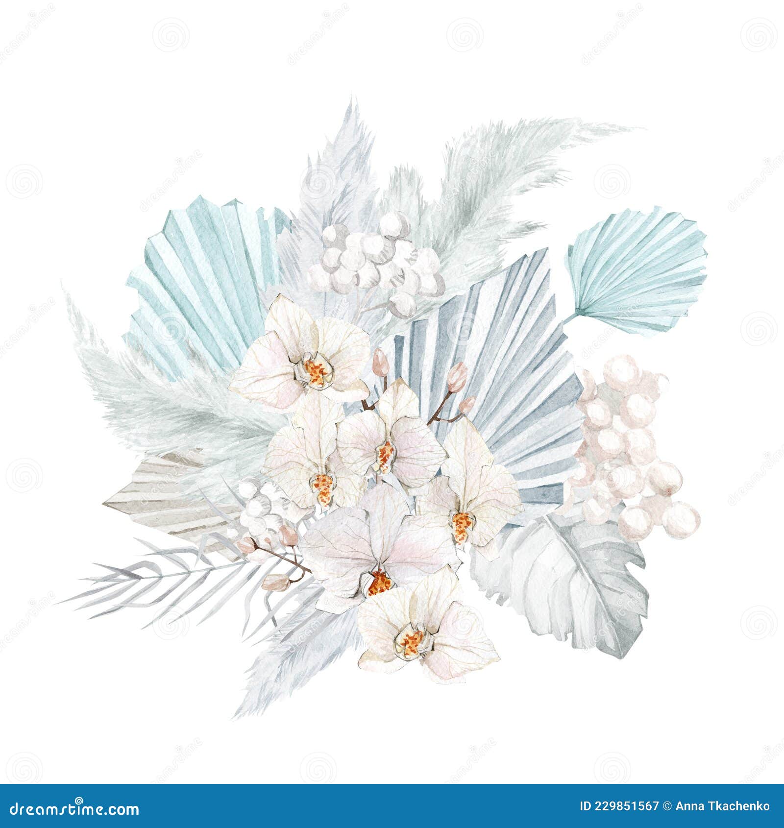 boho winter floral bouquet with watercolor white tropical twigs, leaves, monstera, pampas grass, orhid. round frame wreath