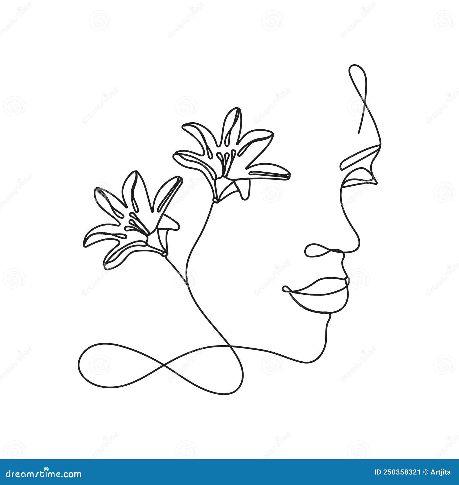 Beautiful woman profile botanical boho illustration print. Vector