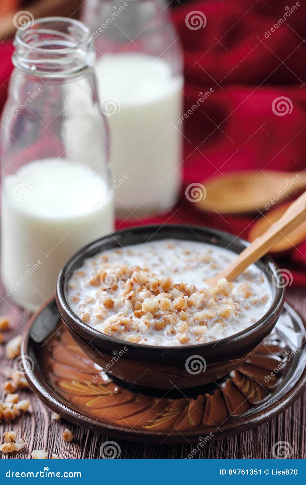Boiled buckwheat with milk stock image. Image of healthy 89761351