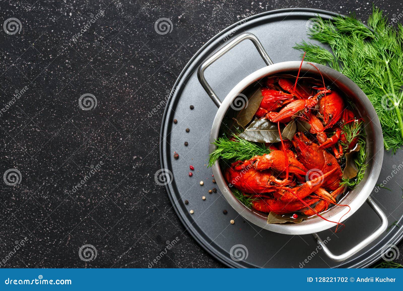Boiled Crawfish Dill Bay Leaf Saucepan Black Background Top View Stock