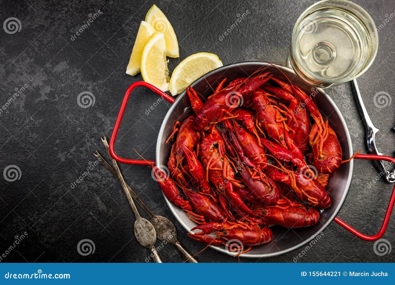 Boiled Crayfish, Seafood Dish Served with White Wine Stock Image