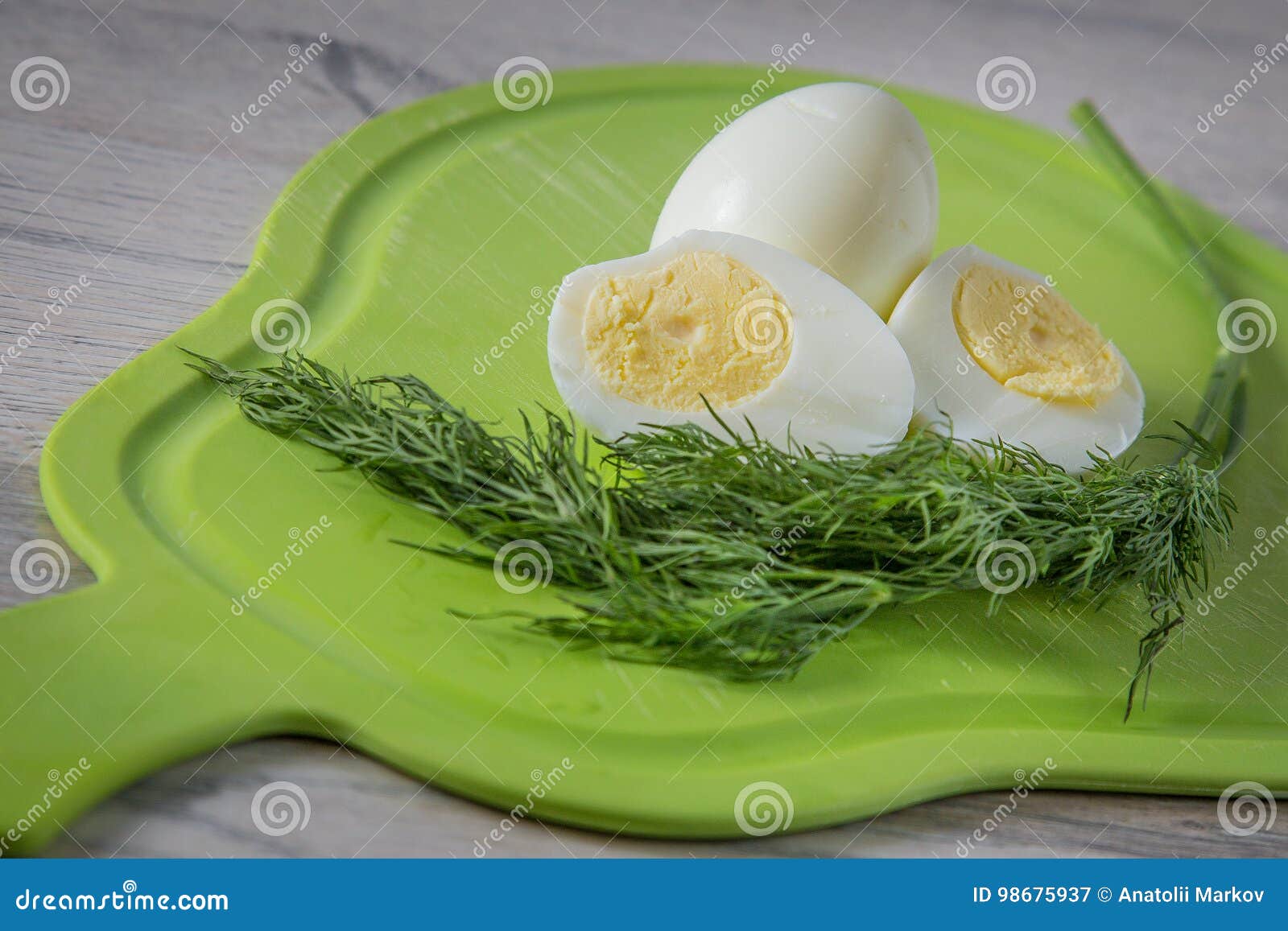 Boiled Egg and Dill on Cutting Board Stock Image Image of bowl, background 98675937