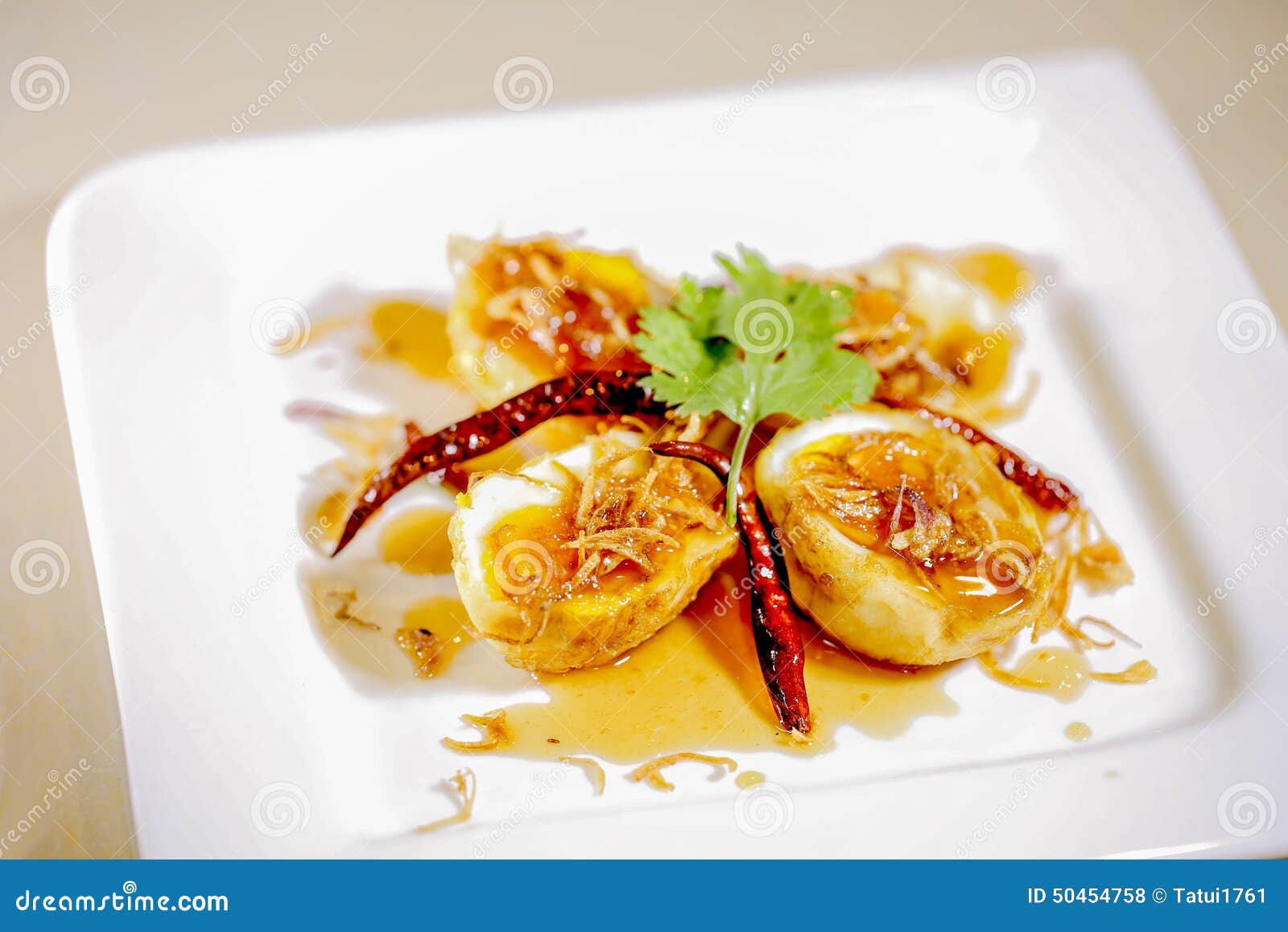 Boiled Egg Fried with Tamarind Sauce Stock Photo Image of onion