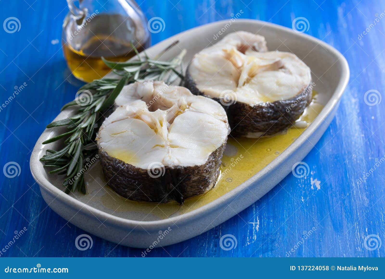 Boiled Fish with Rosemary and Olive Oil in Dish Stock Photo Image of