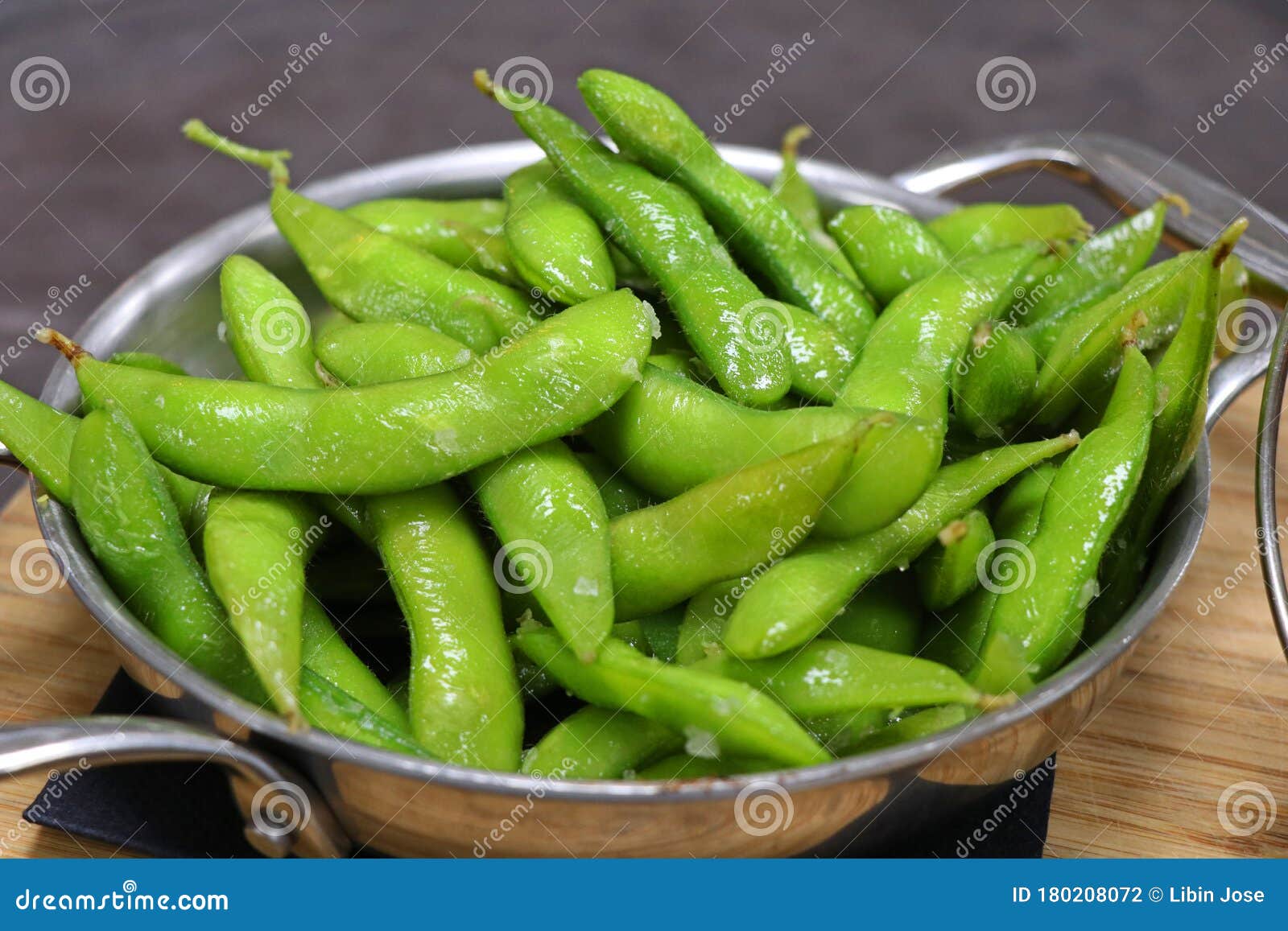 Boiled Green Soybeans in the Pod Ready for Eating Stock Photo Image