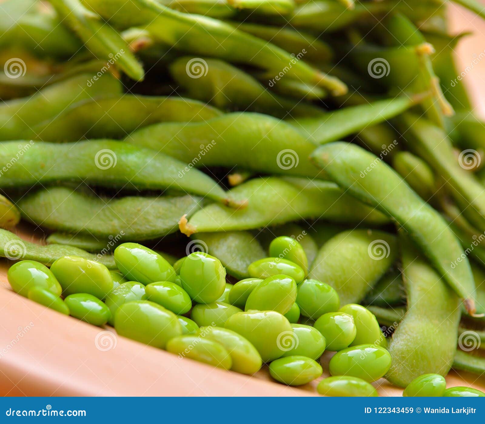 Boiled Green Soybeans on Wooden Background Stock Image Image of