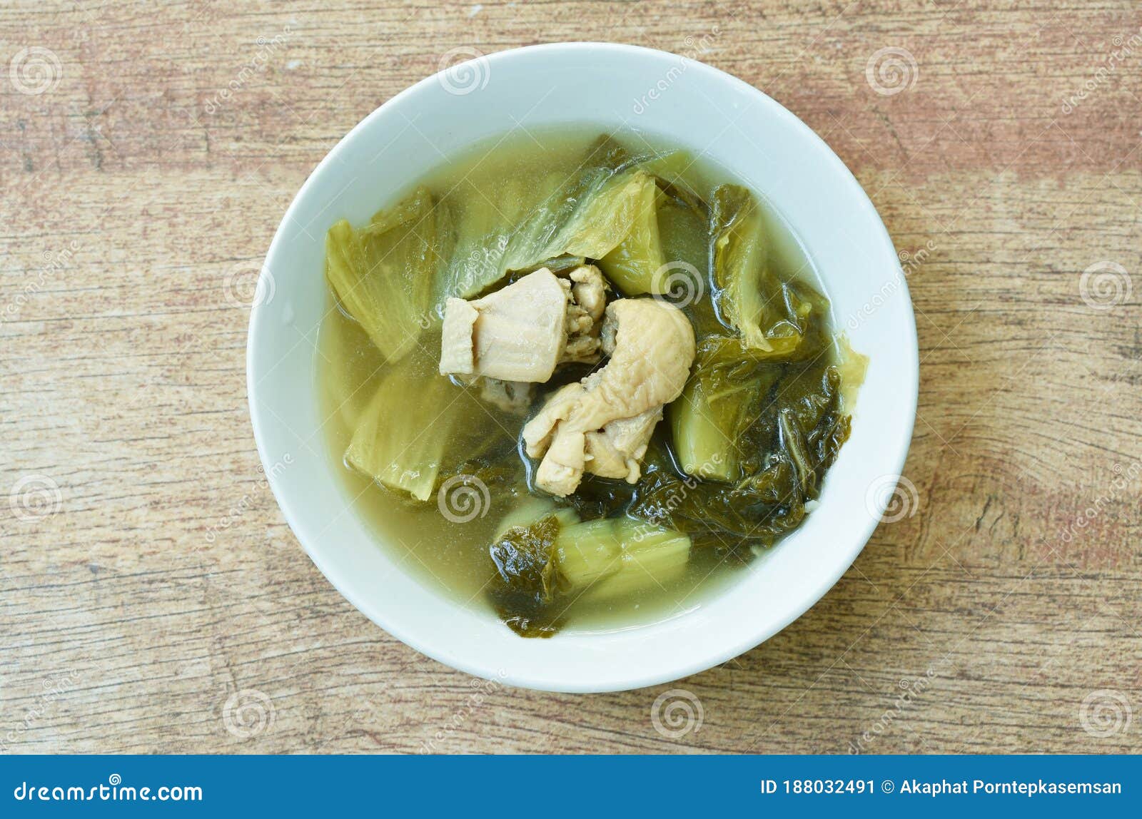 Boiled Pickled Cabbage with Chicken Meat in Clear Soup on Bowl Stock