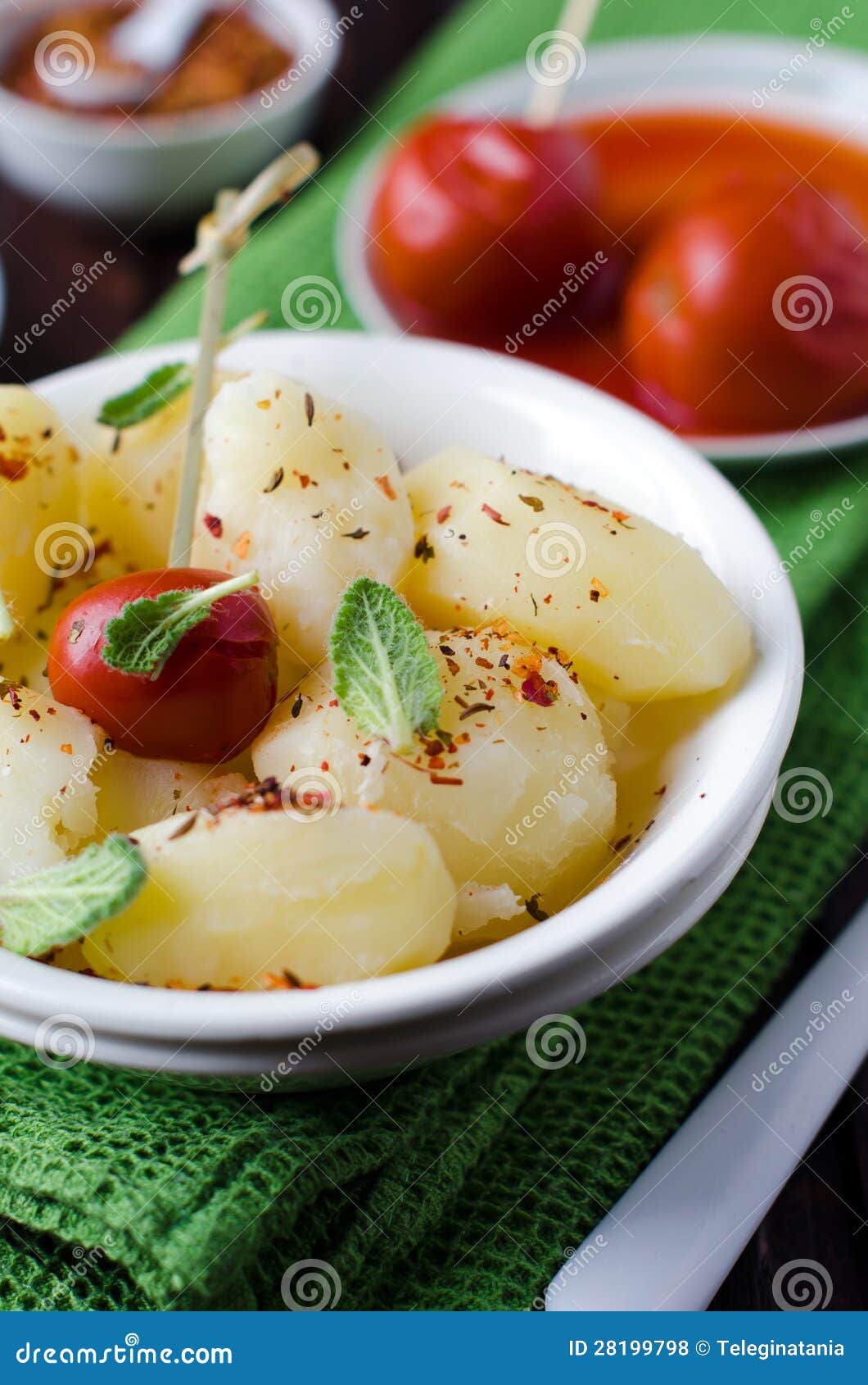 Boiled Potatoes with Herbs and Pickled Tomatoes Stock Photo Image of