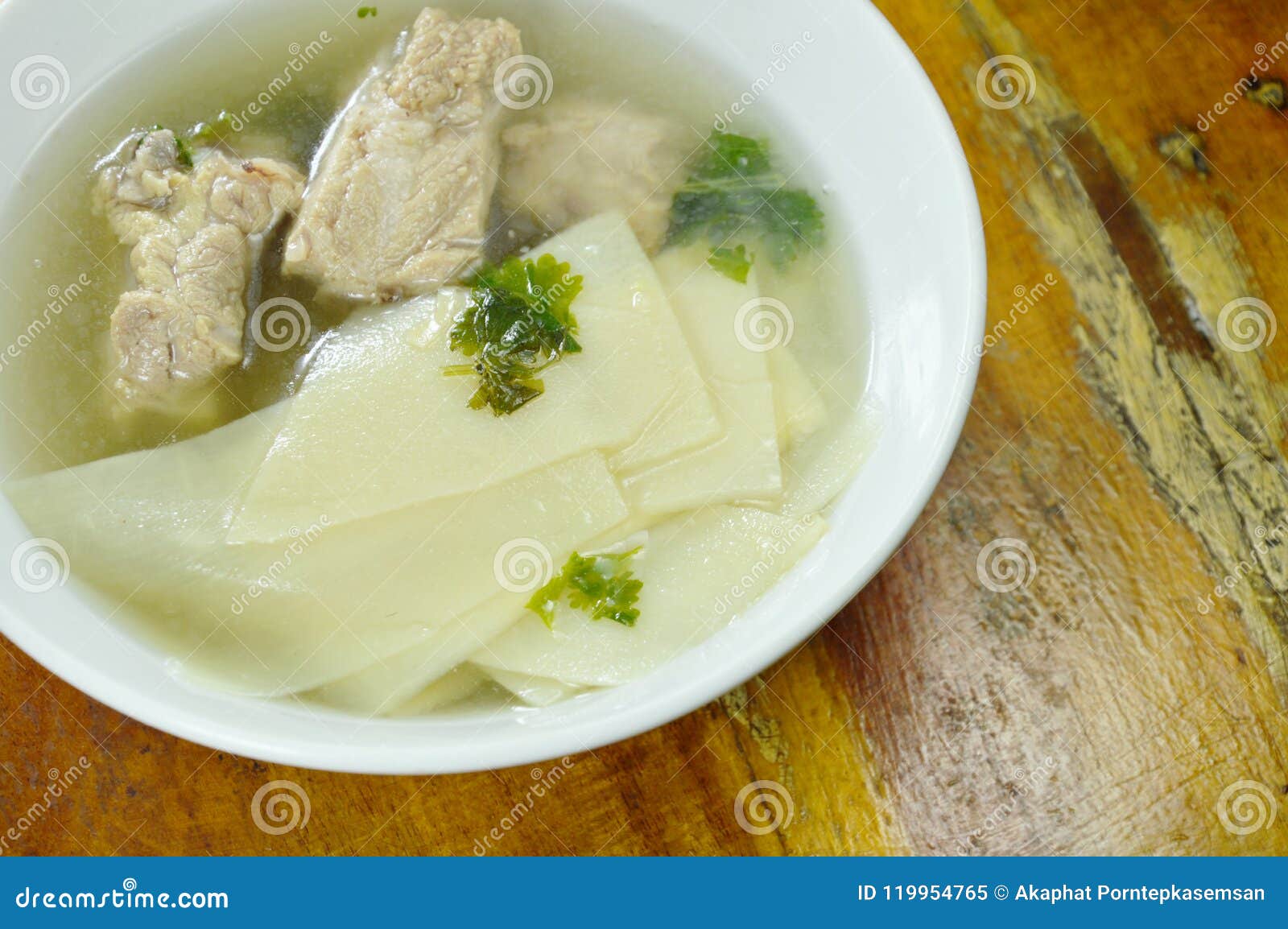 Boiled Slice Bamboo Shoot with Pork Bone Soup on Bowl Stock Image