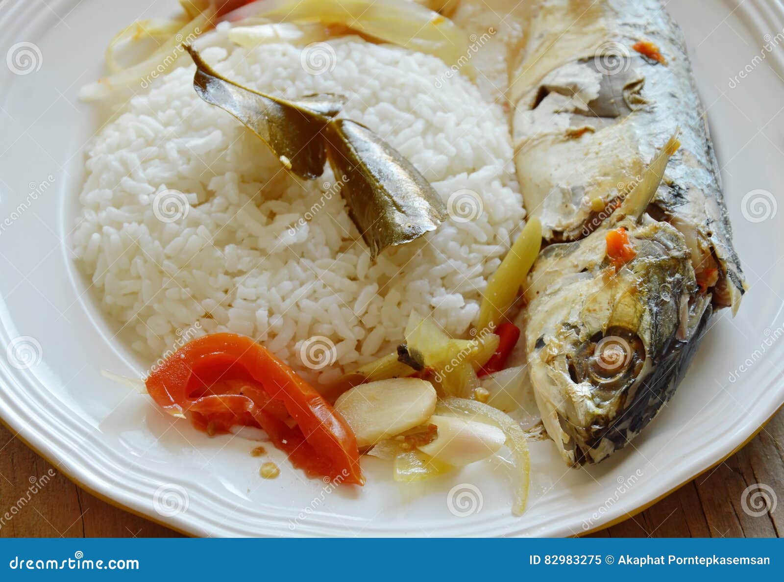 Boiled Spicy Mackerel with Herb and Rice on Dish Stock Image Image of
