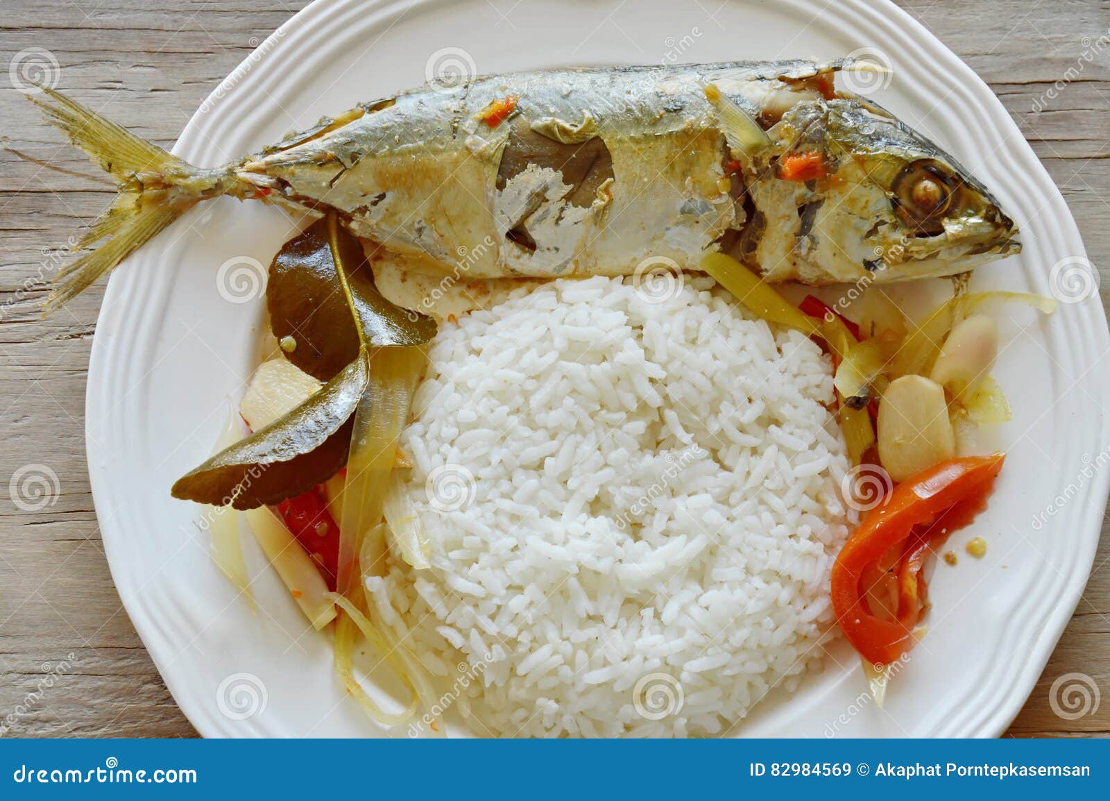 Boiled Spicy Mackerel with Herb and Rice on Dish Stock Image Image of