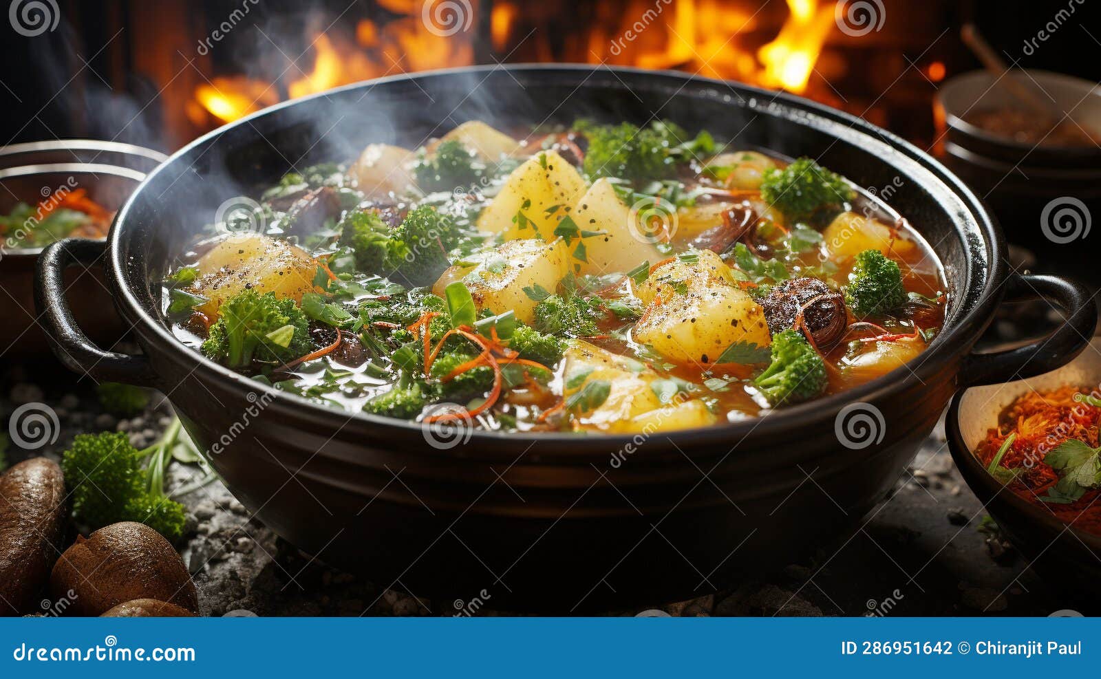 Boiling Cauldron Simmers Hearty Vegetable Soup Recipe Stock