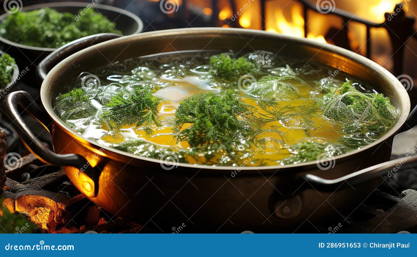 Boiling Cauldron Simmers Hearty Vegetable Soup Recipe Stock Image