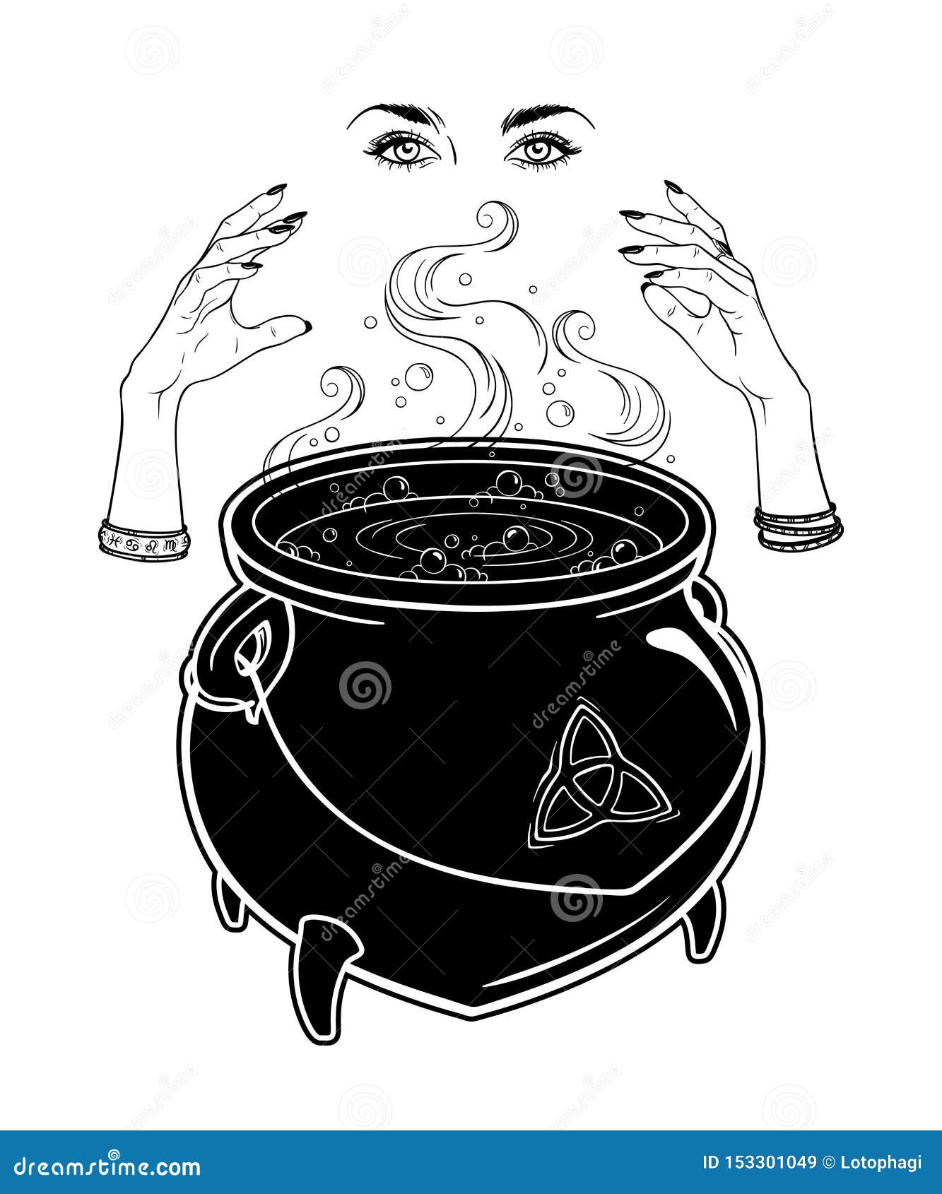 boiling magic cauldron and witch hands cast a spell  . hand drawn wiccan , astrology, alchemy, magic