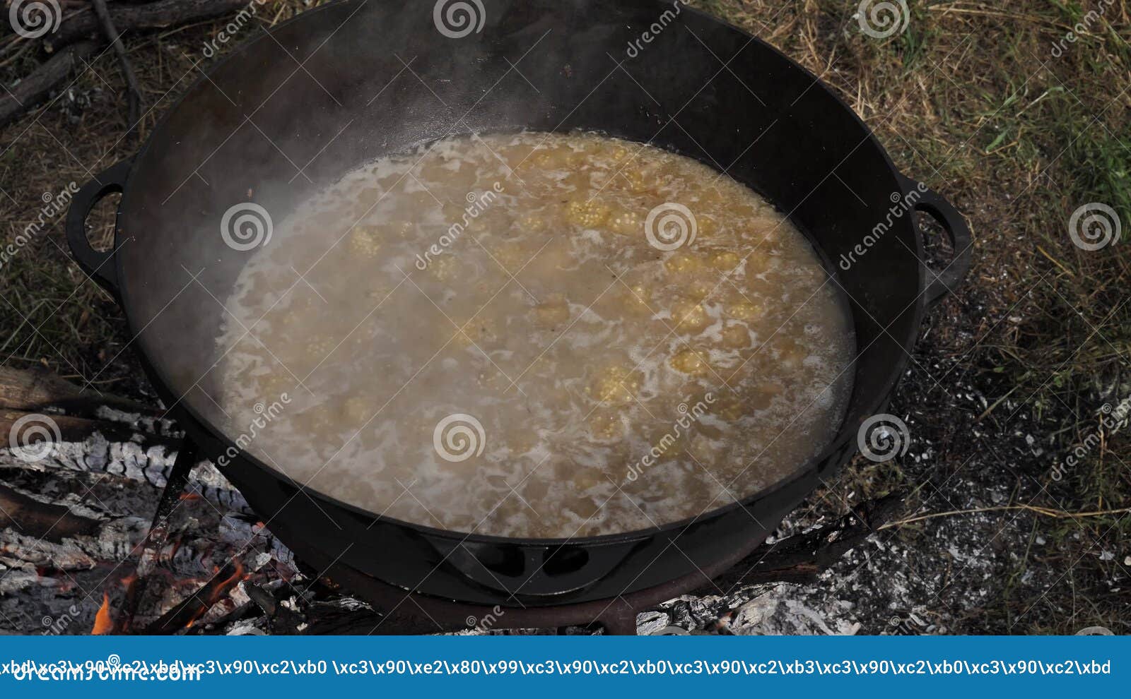 Boiling Millet Porridge in a Castiron Cauldron on Fire. Stock Footage