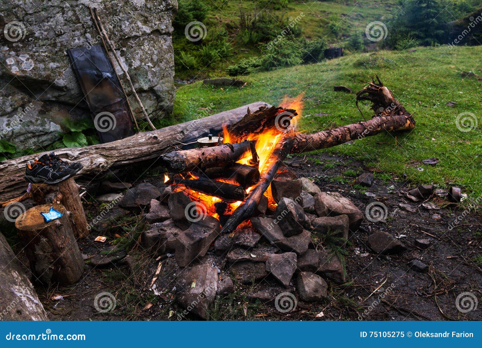 Boiling Water on Campfire at the Mountains Camping Stock Image Image