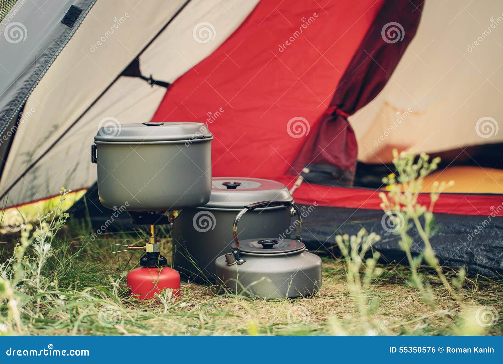 Boiling Water in Kettle on Portable Camping Stove Stock Photo Image
