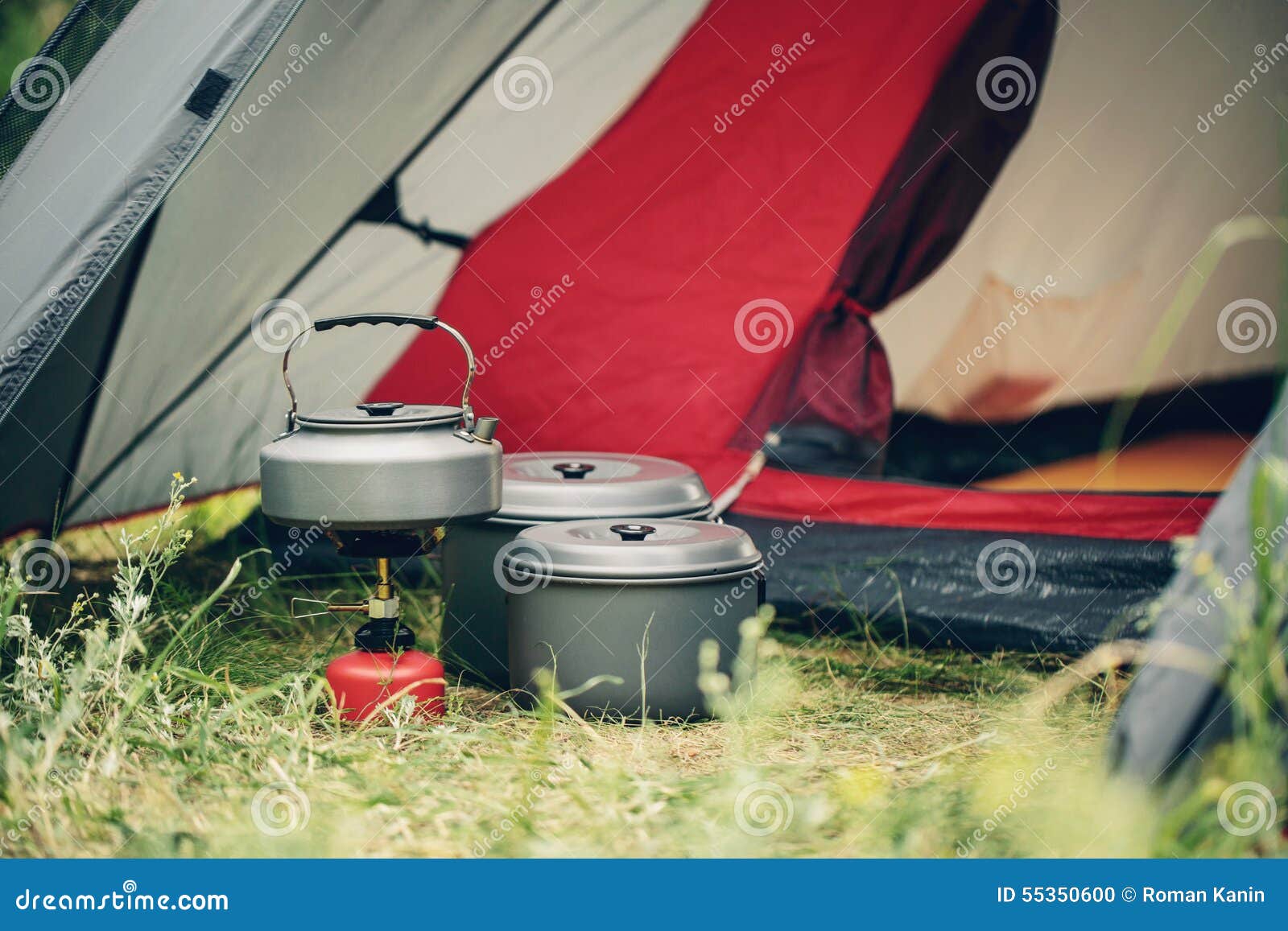 Boiling Water in Kettle on Portable Camping Stove Stock Photo Image