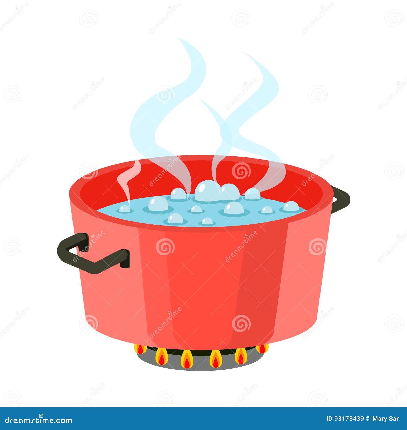 Boiling water in pan. Big black pot. Vector flat cartoon illustration Stock  Vector