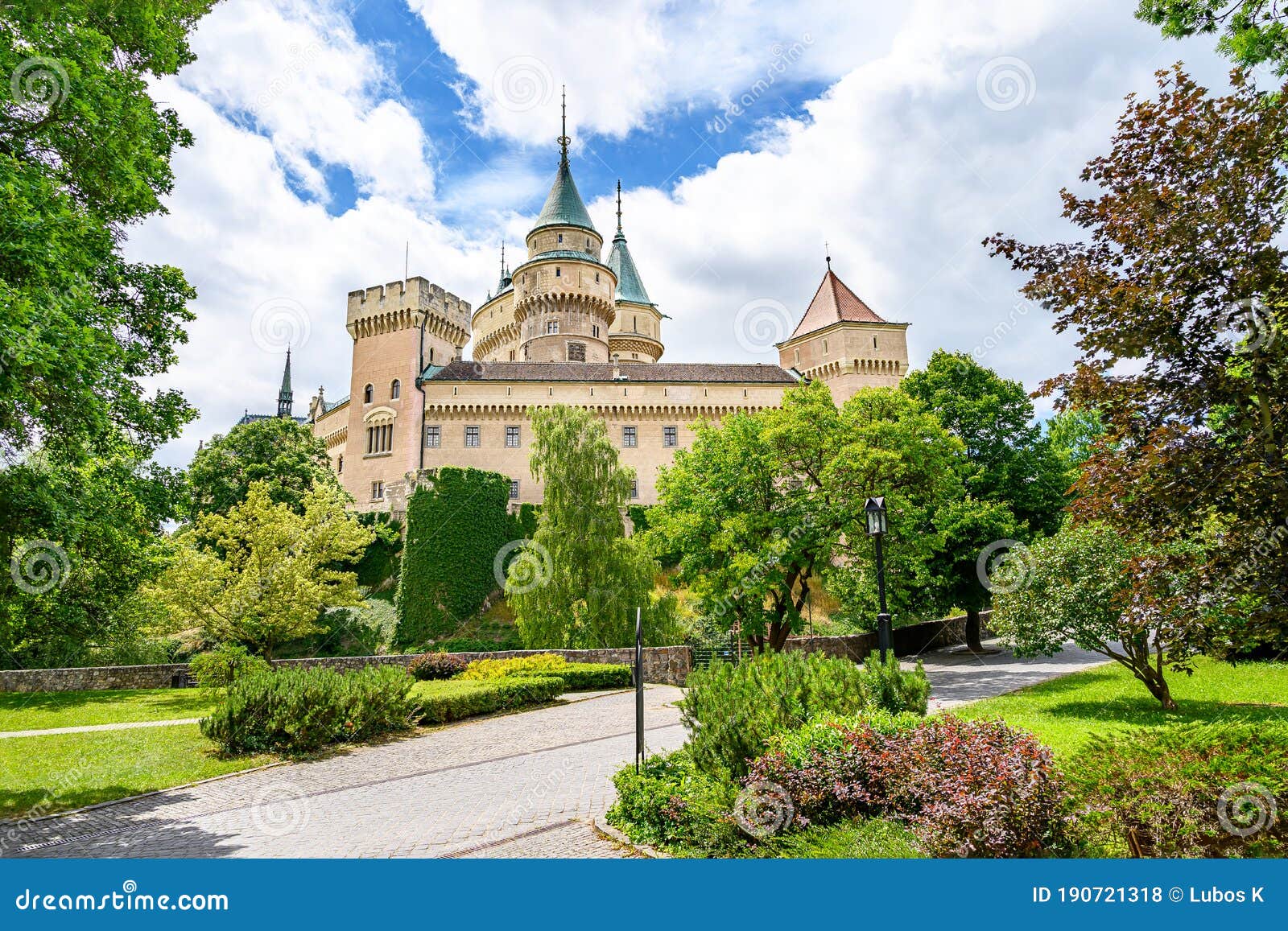 bojnice castle park with neogothic castle in background bojnice, slovakia