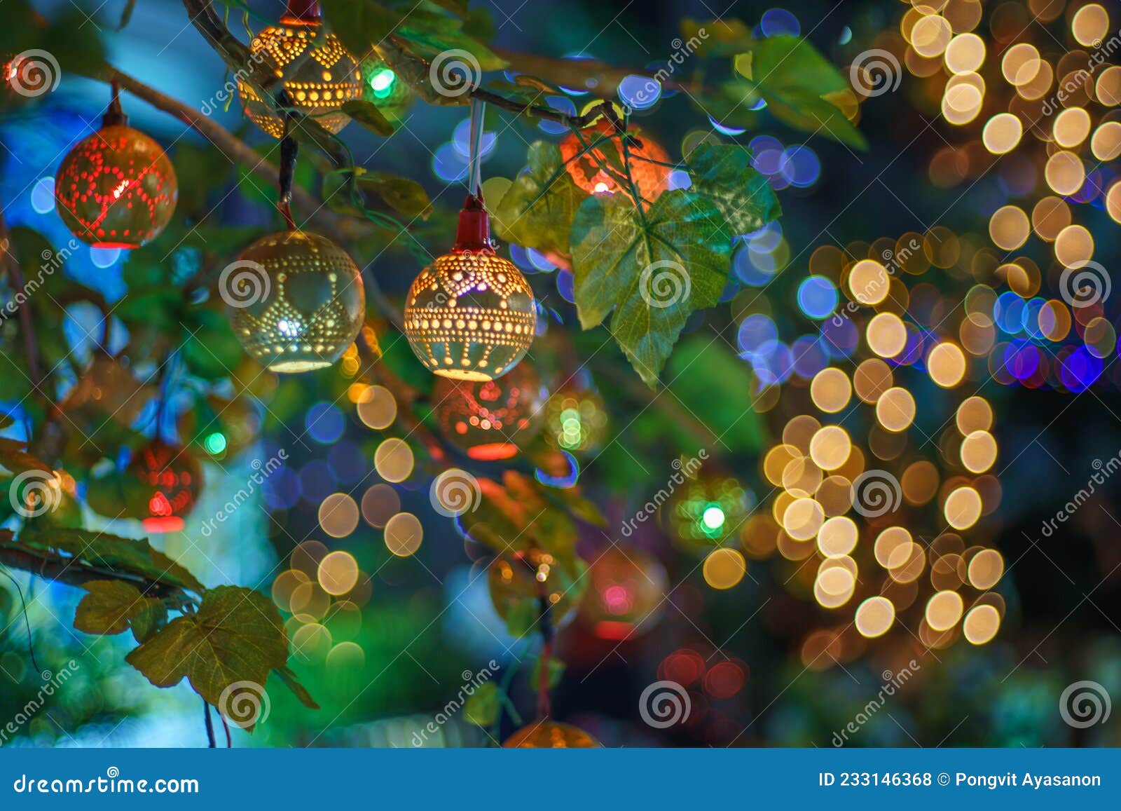 bokeh of beautiful handmade lantern lamp made from & x28;strychnos nux-blanda a.w. hill& x29;, fruits. on the trees at night of a