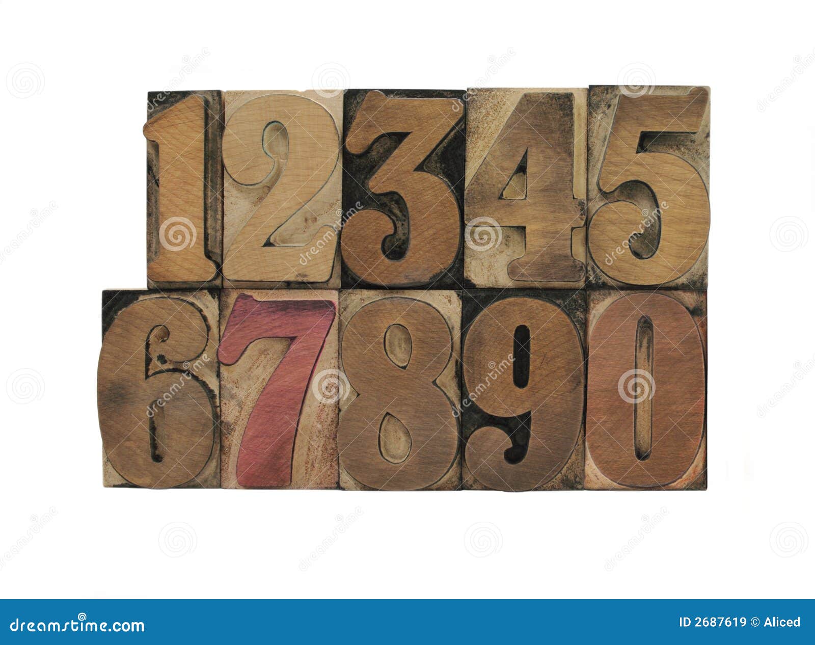 Boktryck numrerar gammalt trä. Inkstained isolerad gammal typ whiteträ för nummer