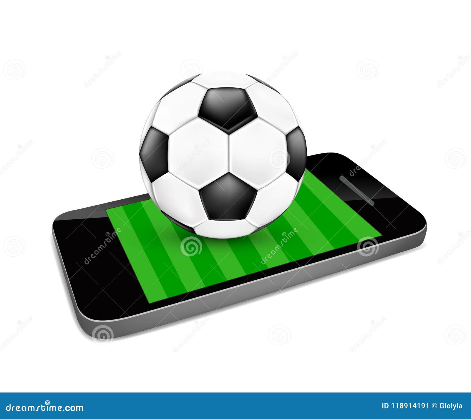 Futebol online. telefone móvel com bola de futebol de futebol e campo na  tela.