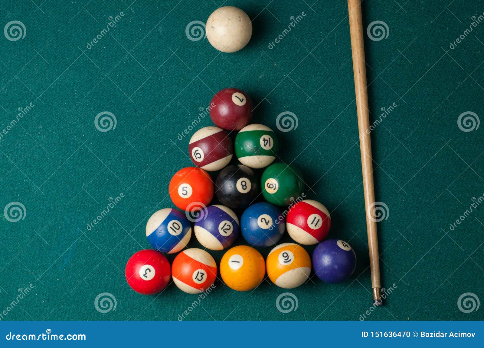 Bolas de bilhar na mesa verde, closeup, ninguém, jogo de sinuca americana