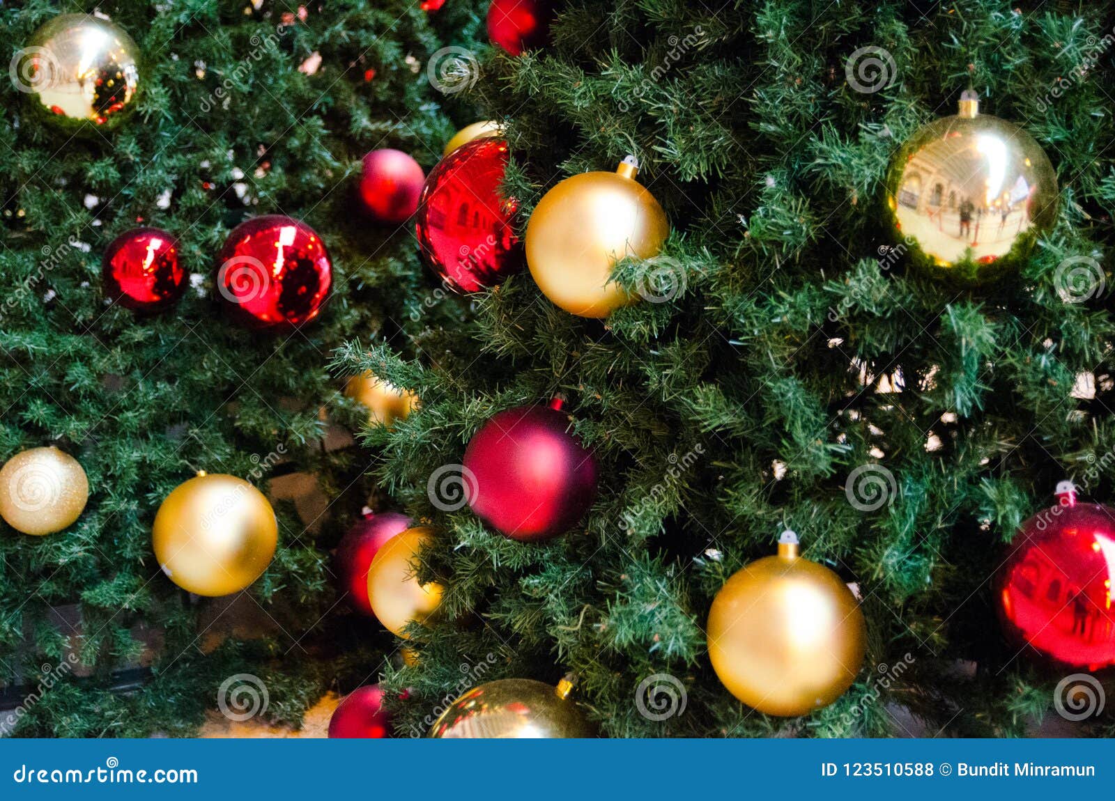 Bolas Douradas E Vermelhas Decoradas Na árvore De Natal Foto de Stock -  Imagem de filial, decorado: 123510588