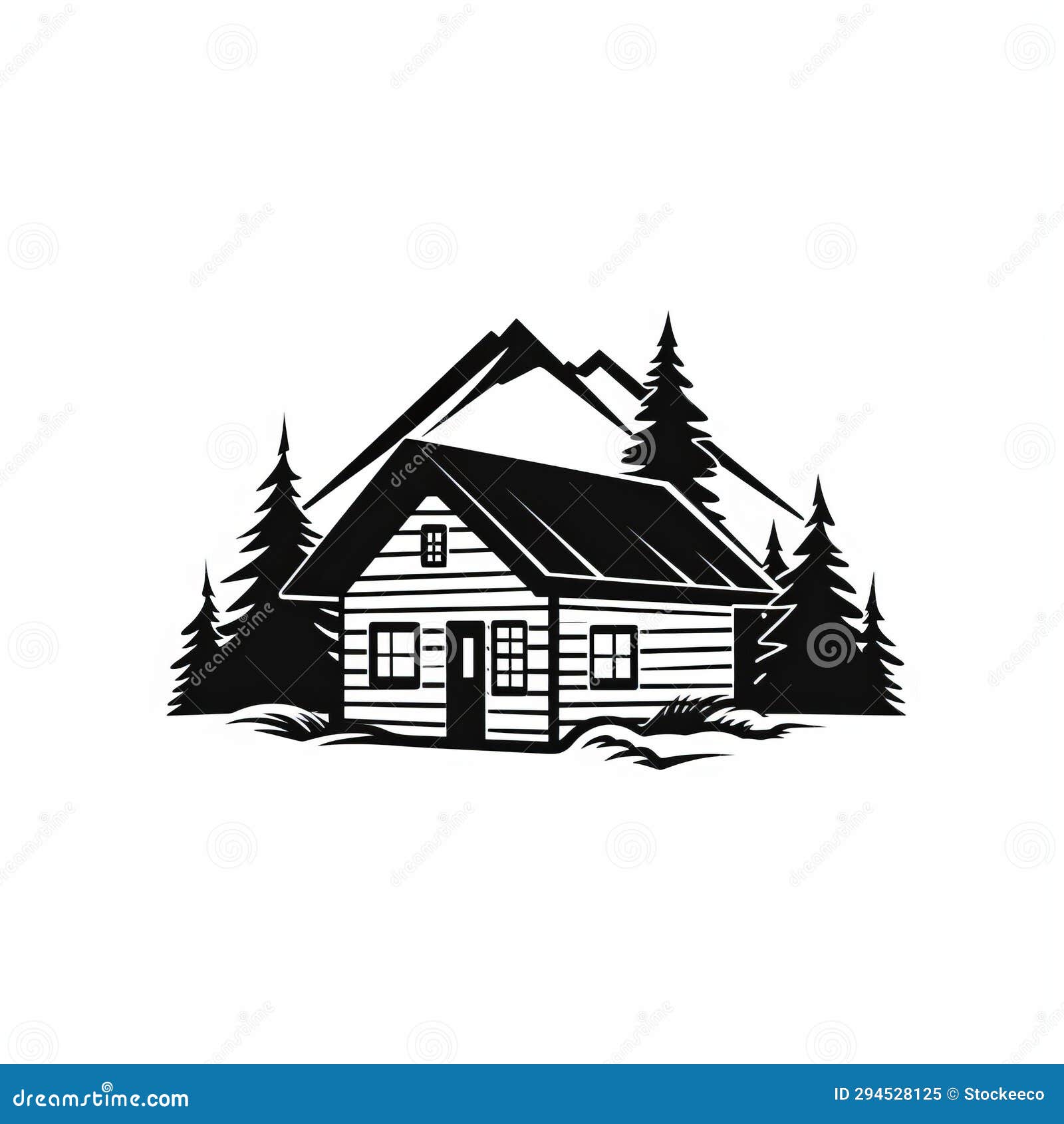 bold black silhouette of cabin with pine tree - clean  art