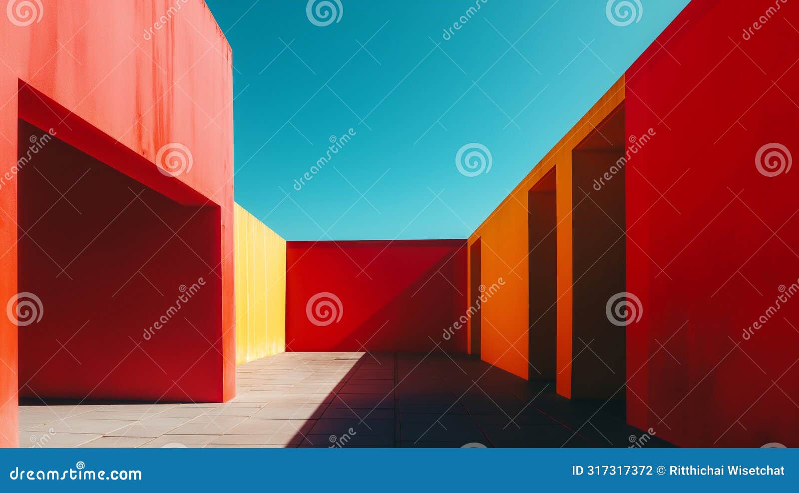 bold geometric architecture featuring vibrant red and orange walls under a clear blue sky, creating strong visual contrasts and