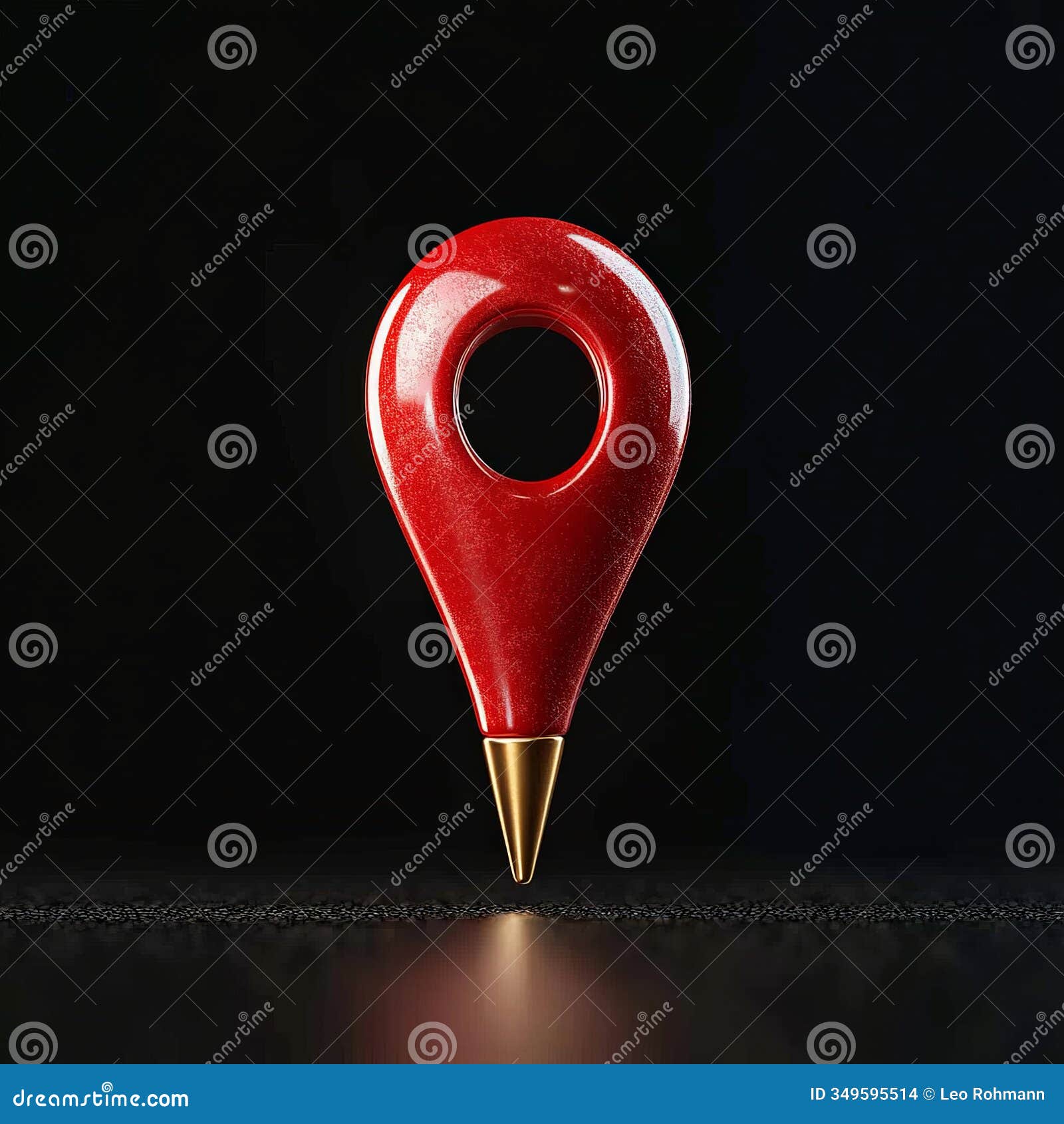 bold red map marker pin with metallic finish and glossy texture against dark black background, izing geolocation, navigat