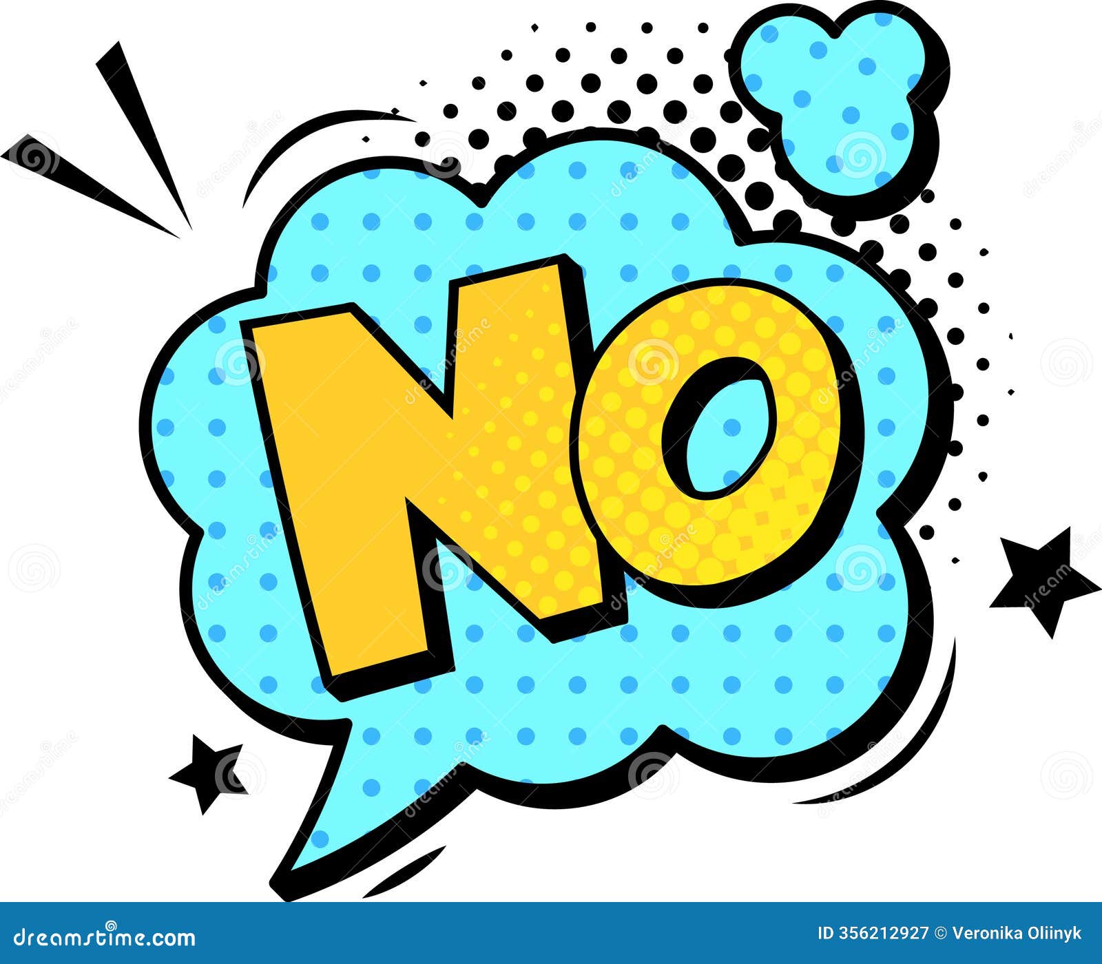 bold yellow letters forming the word no sit inside a light blue speech bubble adorned with halftone dots, vividly