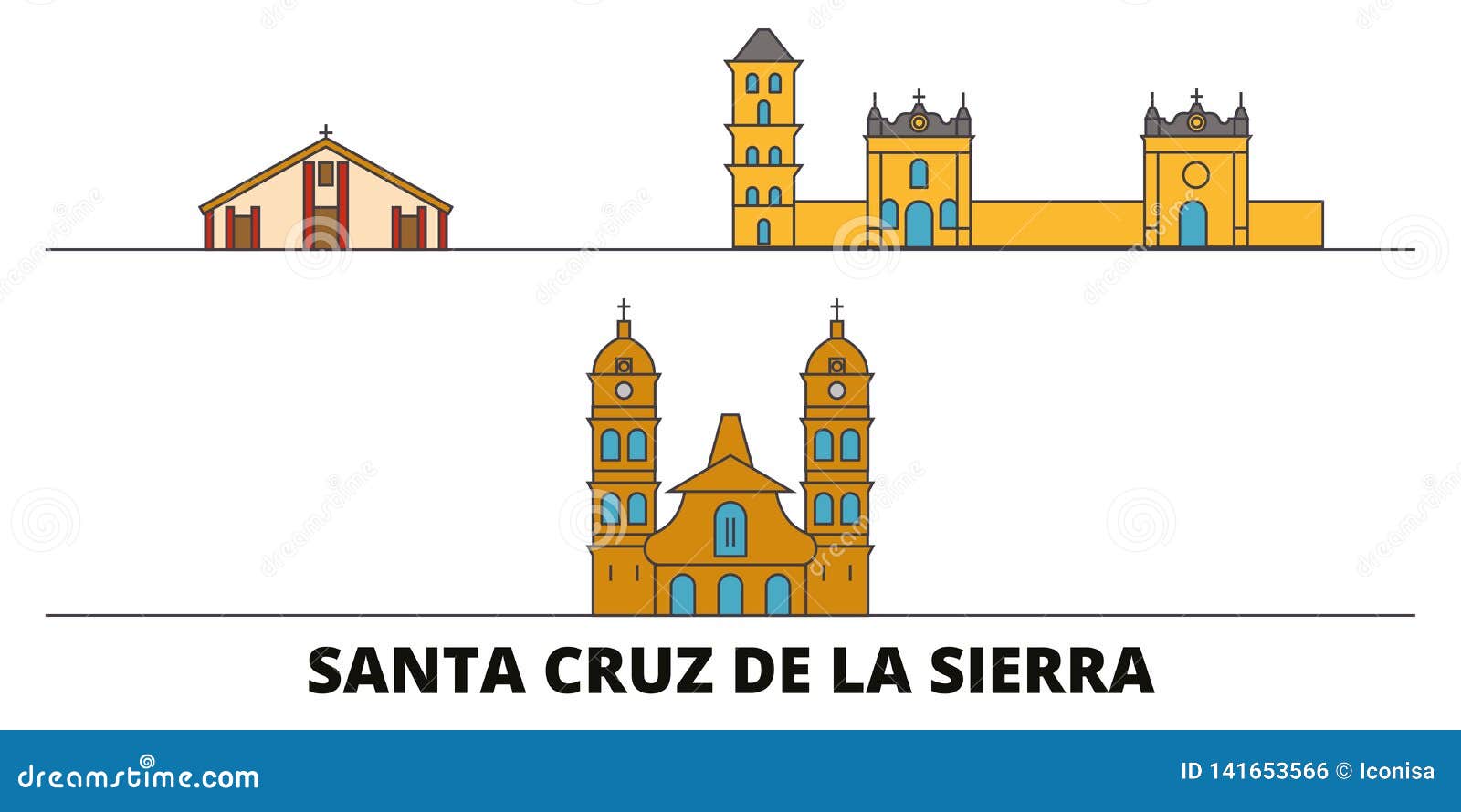 Bolivia, Santa Cruz De La Sierra Flat Landmarks Vector Illustration.  Bolivia, Santa Cruz De La Sierra Line City with Stock Vector - Illustration  of flat, sights: 141653566