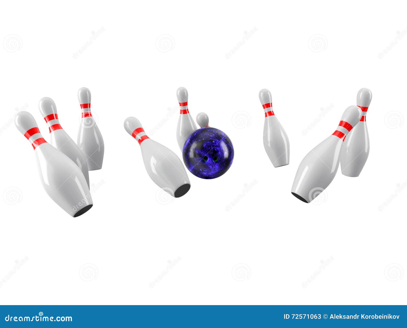 Bollbowling som kraschar stift framförande 3d. Bowlingklot som kraschar in i benet som isoleras på vit bakgrund utan skugga Vit bakgrund För logoen, advertizingen, tapeten, trycket etc.