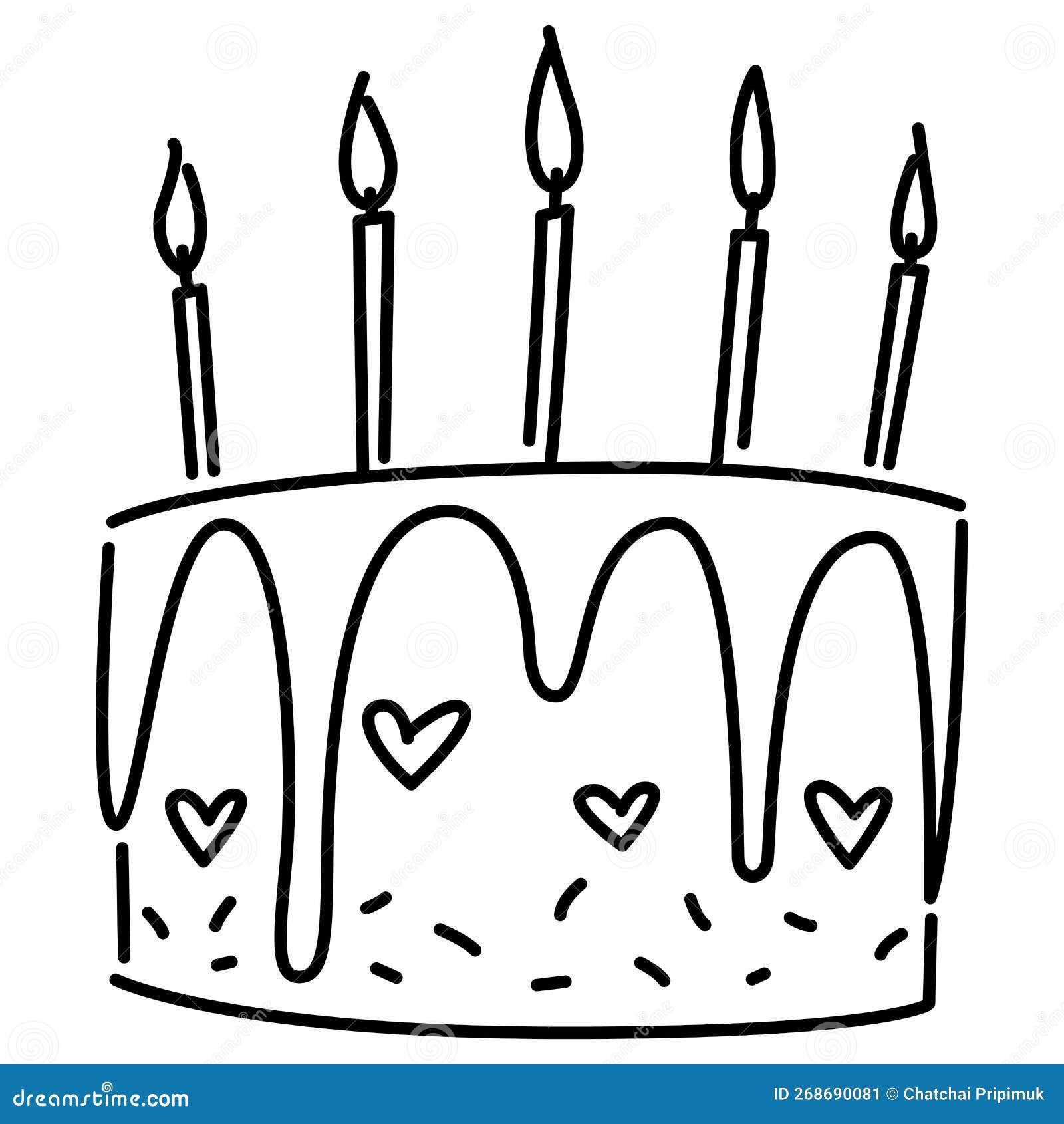 Bolo De Aniversário Desenhado à Mão Com Velas. Desenho De Rabisco