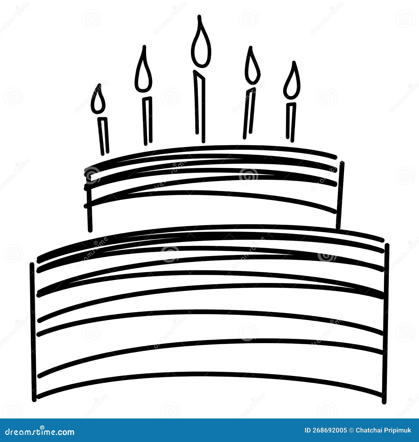 Bolo De Aniversário Desenhado à Mão Com Velas. Desenho De Rabisco